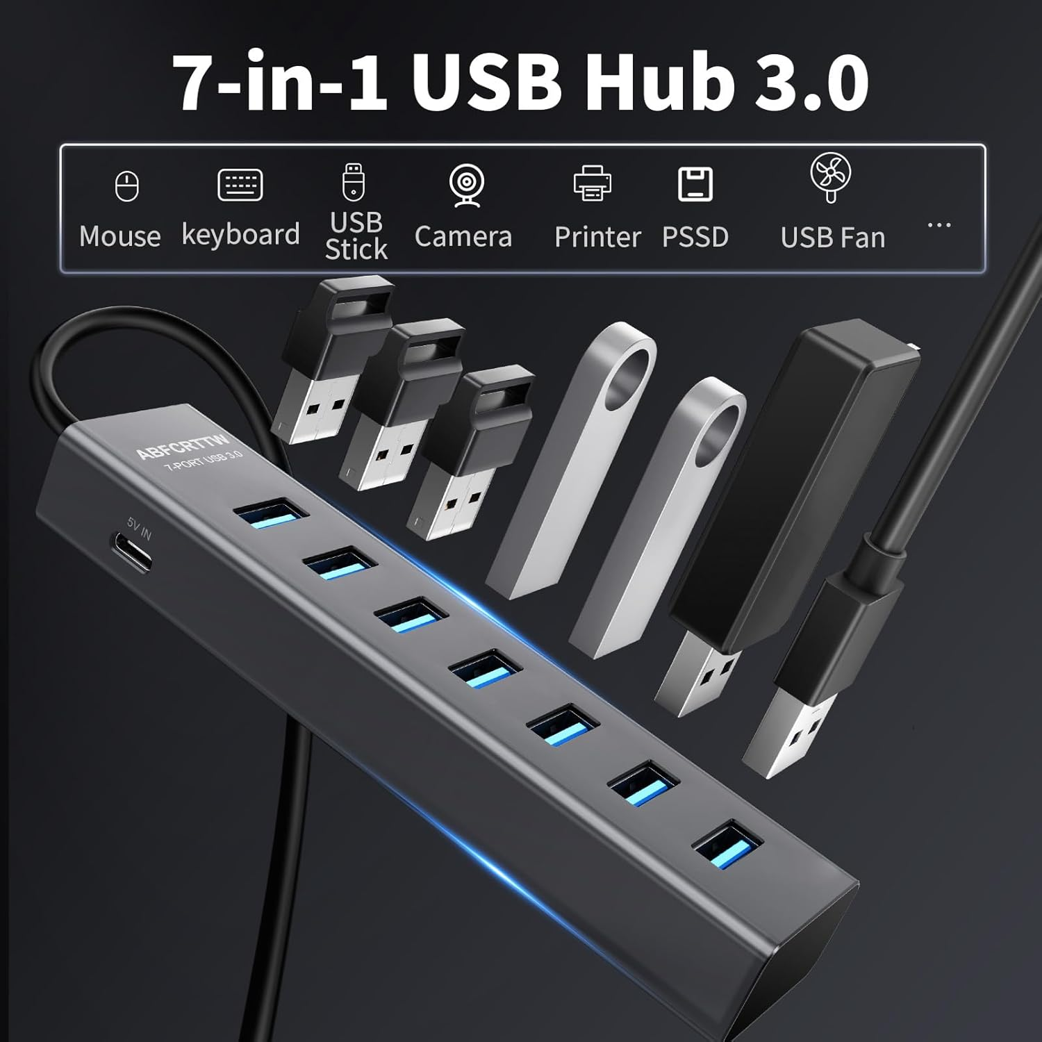 4Ft 7-Port USB Hub 3.0 for Desktop - Aluminium USB Extender Hub 5Gbps Multiport Adapter, USB Splitter, USB Hub Long Cable for Desktop, PC, Flash Drive, PSSD, Windows/Xps, 1.2M image number 2