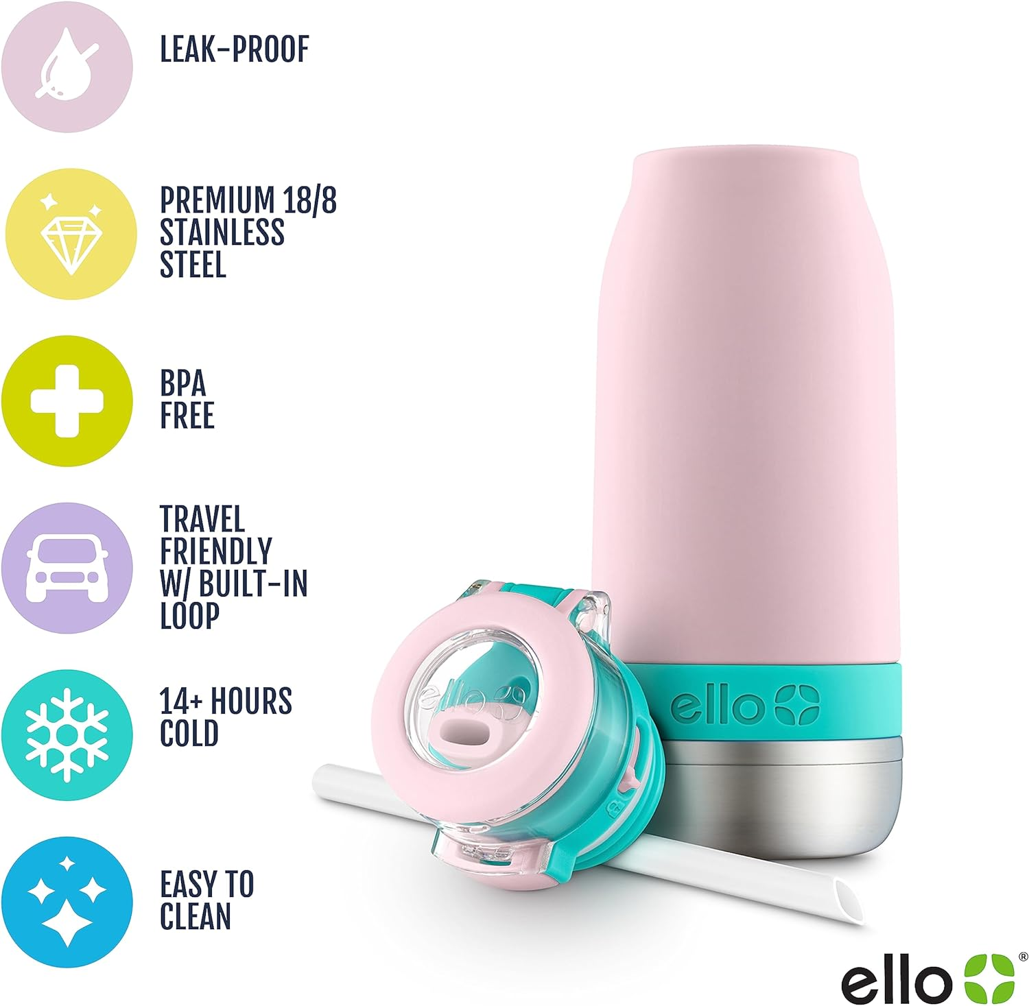 Ello Emma Vacuum Insulated Stainless Steel Kids Water Bottle with Anti-Microbial Straw - Cotton Candy image number 5