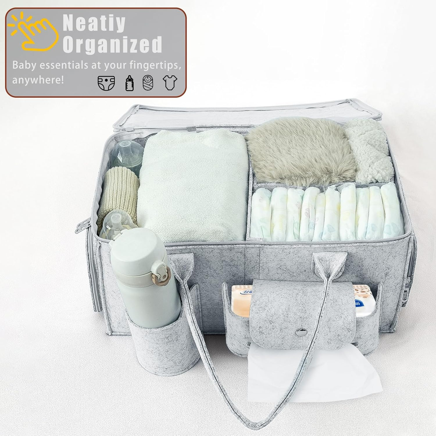 Baby Diaper Caddy Organizer with Lid &ndash; Portable Diaper Tote Bag with Multiple Compartments, Travel Baby Bag for Must-Haves, Newborn Essentials Gift Basket image number 1