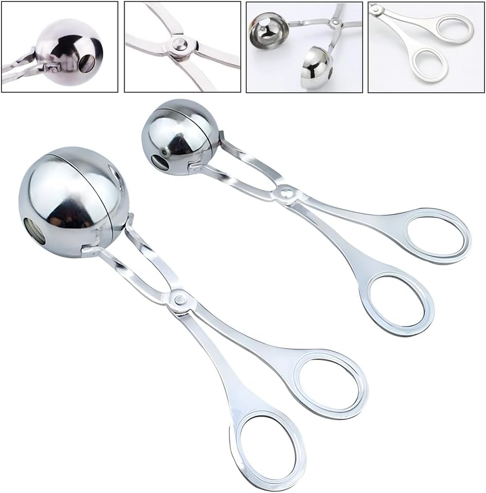 2 PCS Meat Baller, Meatball Maker, Stainless Steel DIY Clip Kitchen Tool, Cake Pop Ice Tongs, Ball Size Diameter 4.8Cm Diameter 3.5Cm, 16Cm, Sliver