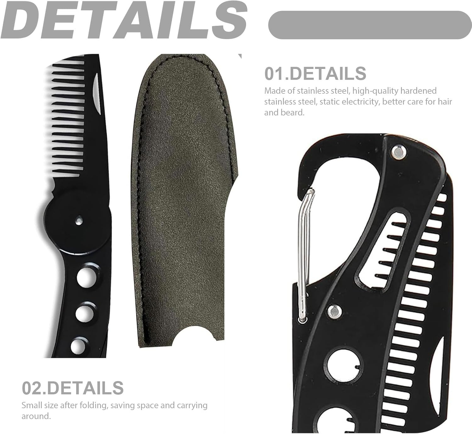 Mustache Comb, Stainless Steel Folding Beard Comb with Leather Cover, Portable Multifunction anti Static for Men Grooming, Combing Hair, and Mustache Styling image number 6