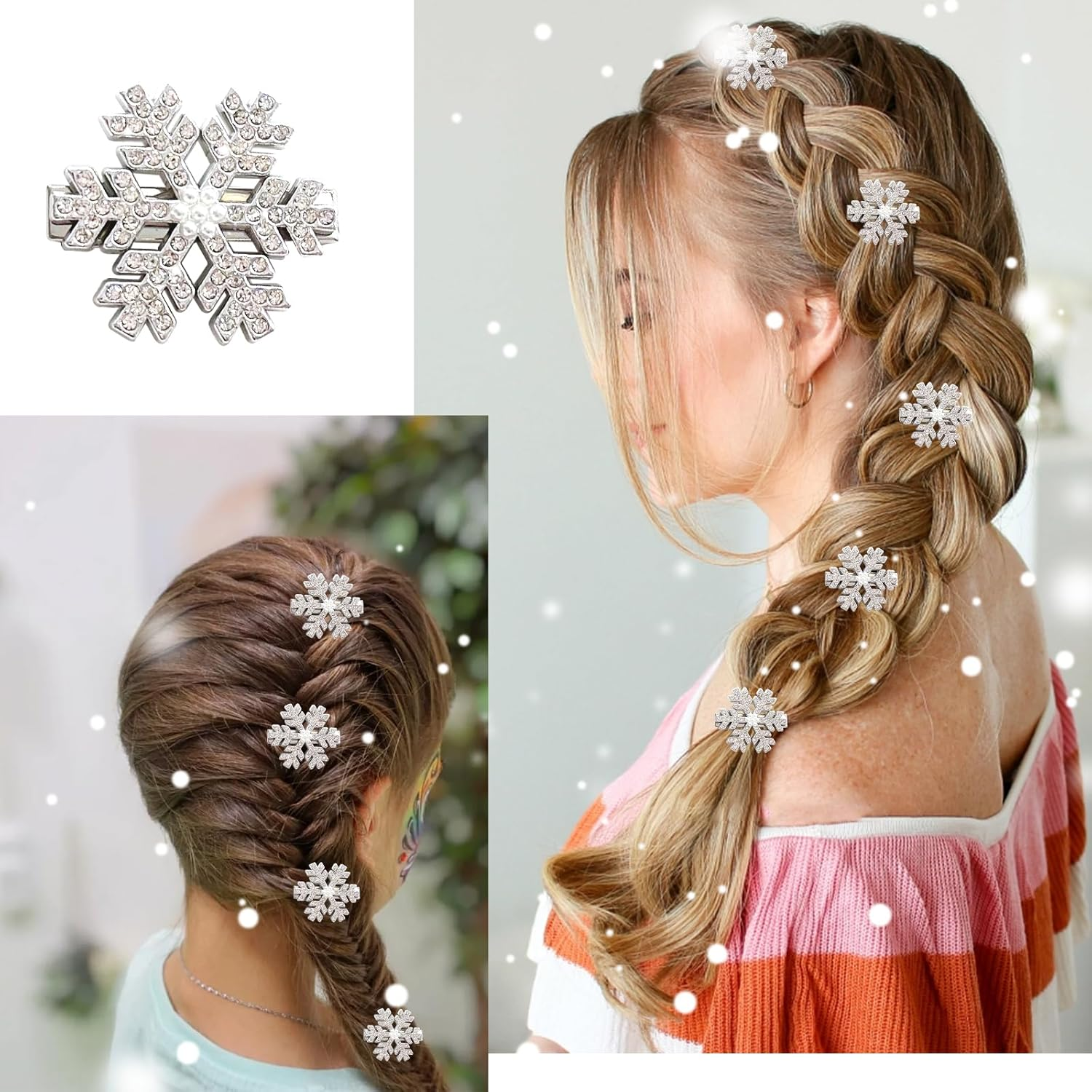 BUOKSLLY Pack of 8 Glittering Snowflake Hair Pins with Rhinestones, Christmas Hair Accessories with Rhinestones, Hair Clip Silver, Decoration for Women and Girls (Silver) image number 4