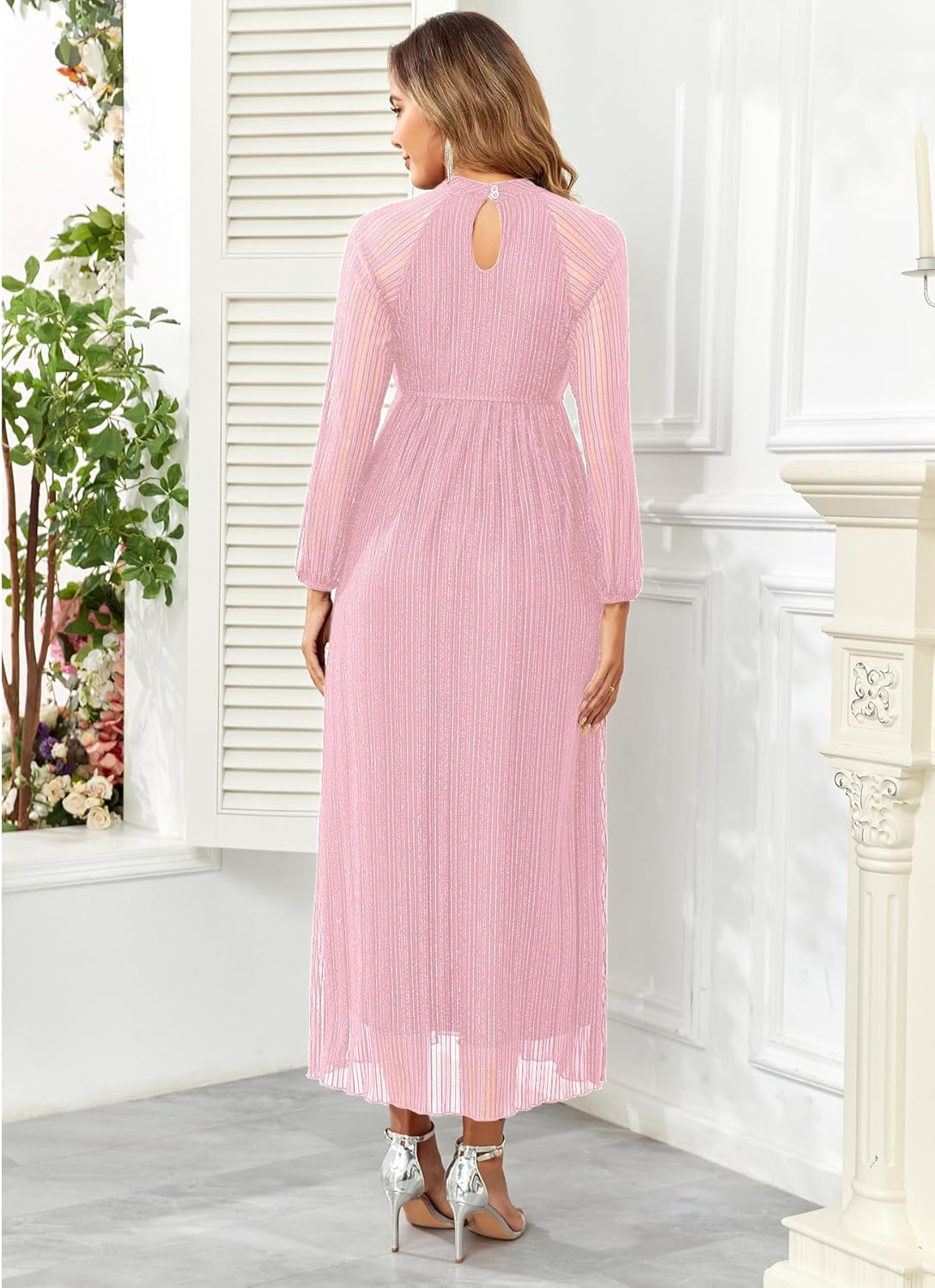 Maternity Sparkly Dress Halter Neck a Line Long-Sleeve Raglan Pregnancy Dresses Semi Formal Baby Shower Photoshoot image number 6