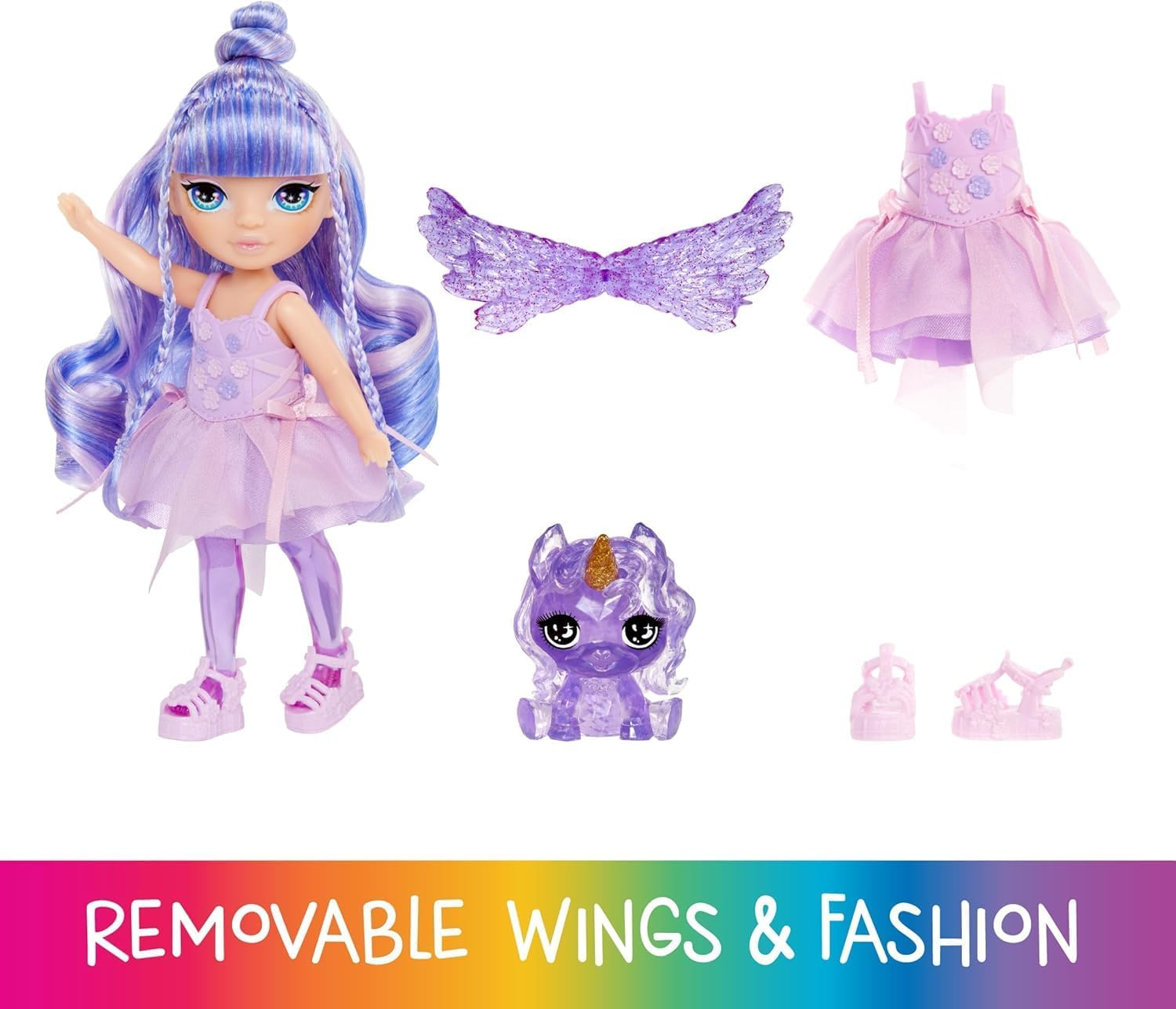 Rainbow High Littles Rainbow Fantasy Fairies + Pet &ndash; Amethyst, Purple 5.5" Posable Small Doll & Fantasy Pegasus Unicorn Pet with Interchangeable Fairy Wings, Kids Gift 4+ image number 1