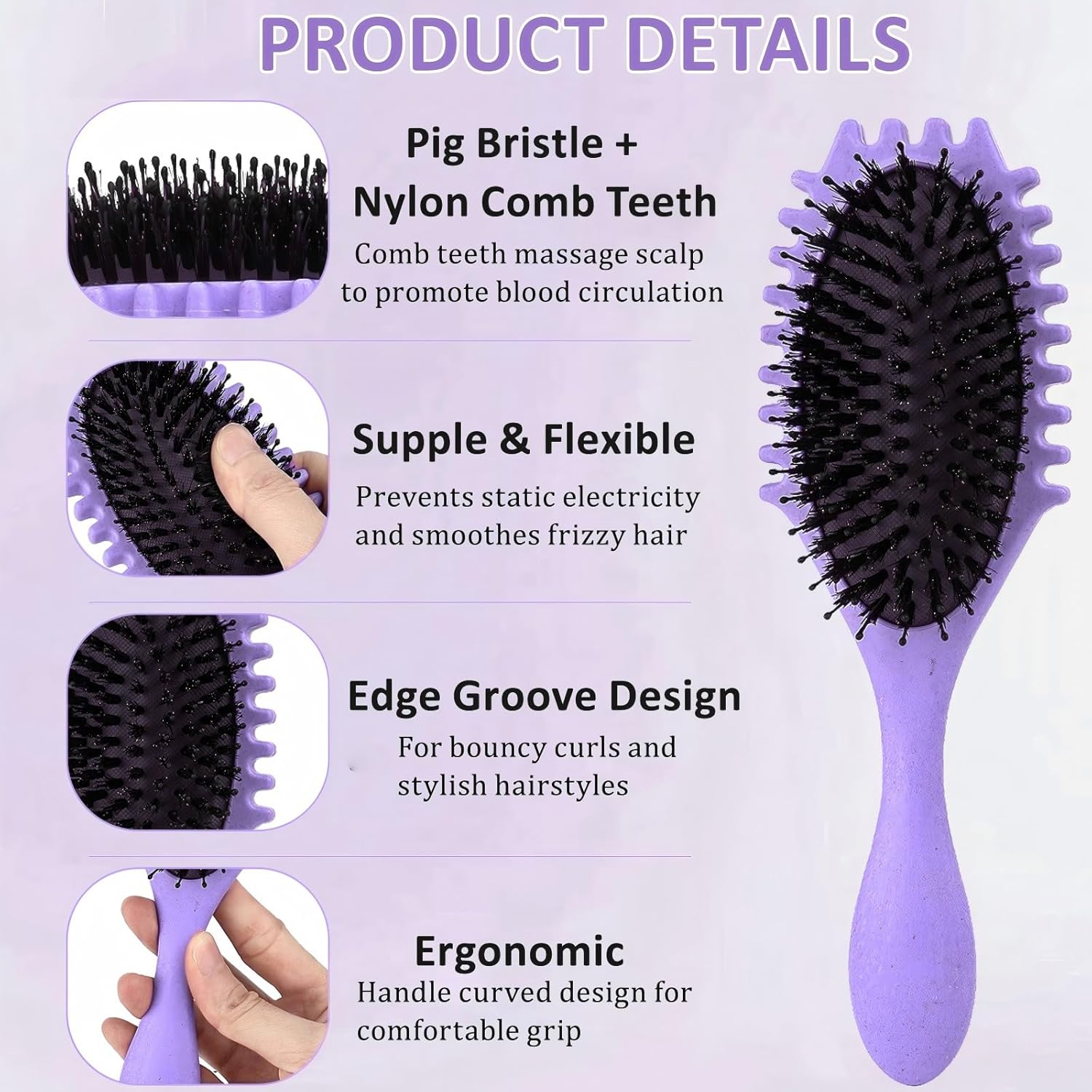 Curl Defining Brush, Hair Brush for Combing and Shaping Men'S and Women'S Curls to Reduce Pulling, Boar Bristle Styling Brush, Effortlessly Defined Curls, Waves & Coils, Reduces Frizz (Purple) - Purple image number 3