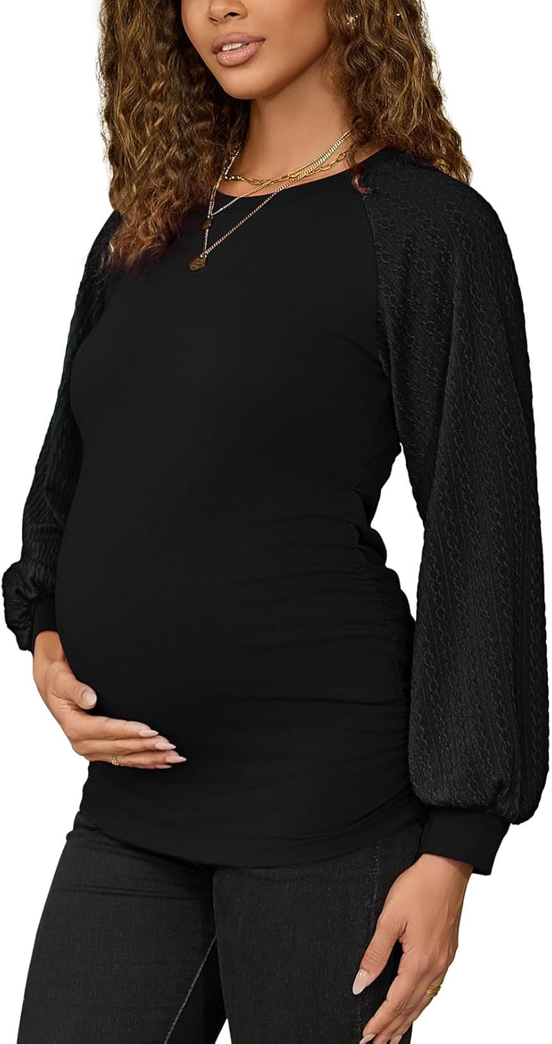 Bhome Maternity Sweatshirts Patchwork Cable Knit Long Sleeve Tops Crewneck Shirts Lightweight Sweaters