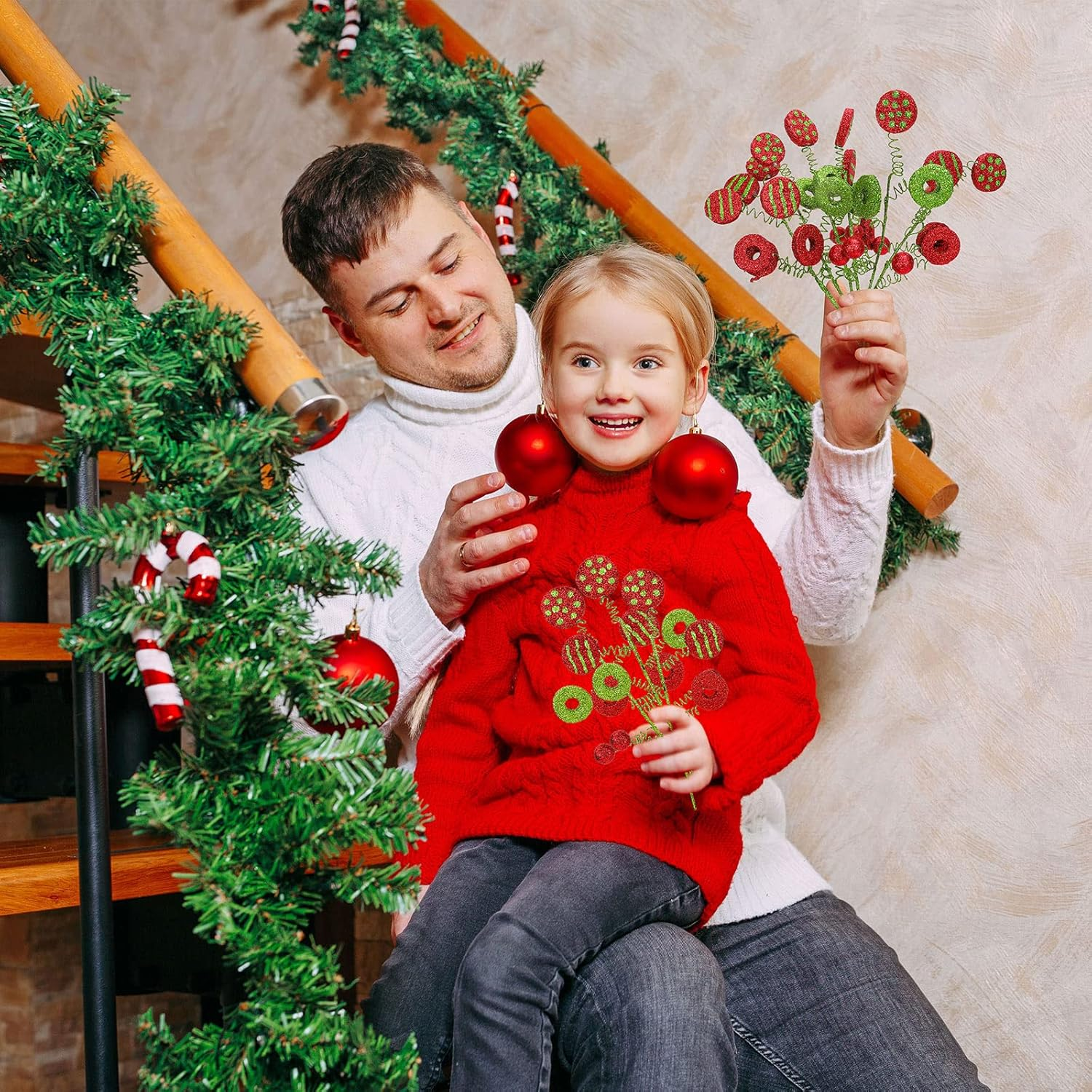 Whaline 6Pcs Christmas Tree Decoration Xmas Tree Curly Picks Red Green Craft Picks Holiday Table Centerpiece for Xmas Crafts Wreath Home Party Christmas Tree Decor Supplies