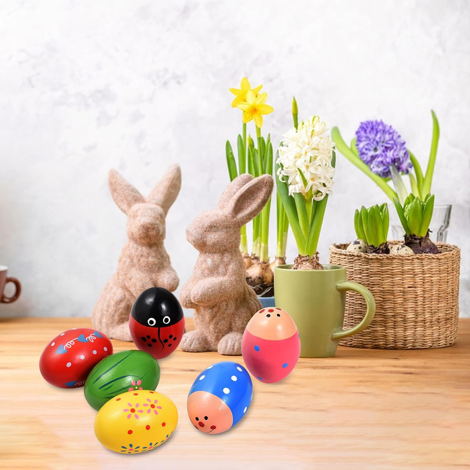 Namolit 6 Pack Wooden Shake Egg Easter Egg Percussion Instrument Interesting Music Shake Eggs for Party Musical Egg Easter Basket Stuffers Fillers Musical Instrument 6 Pack image number 2