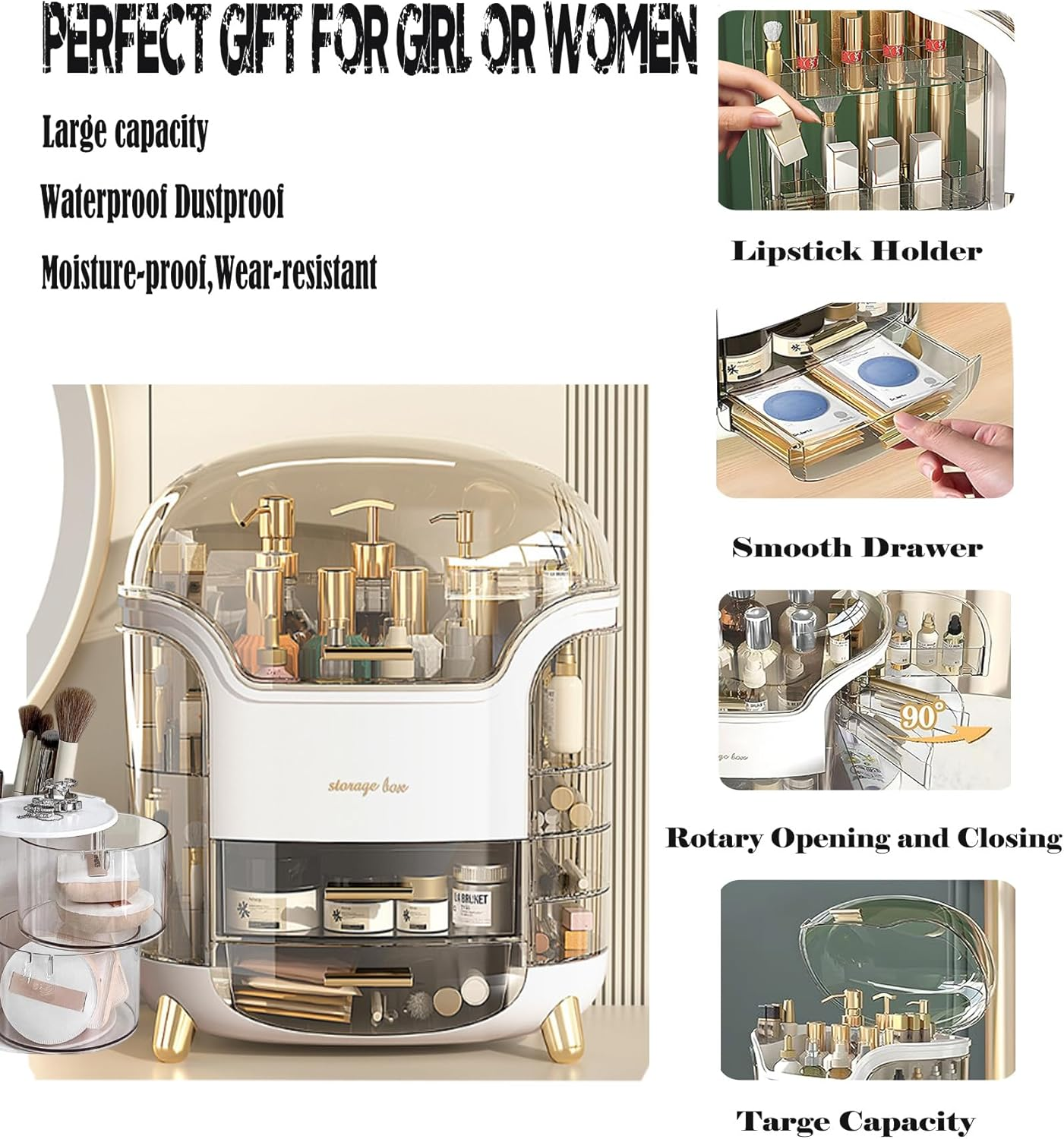 Portable Make up Case Dustproof Cosmetic Storage, Skin Care Products Jewelry Organizer Lipstick Boxcomes with Powder Puff Storage Box and Silicone Washer(White image number 3