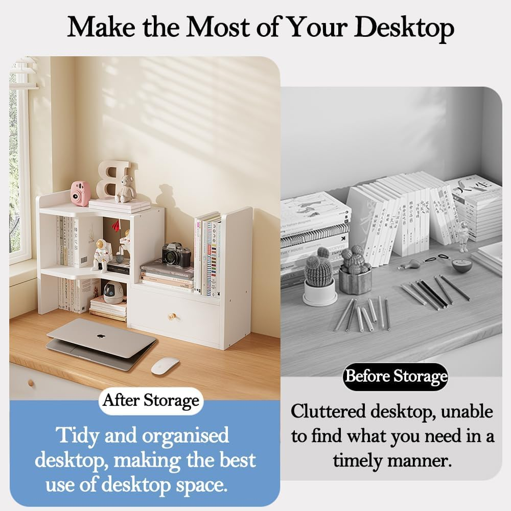 Desktop Bookshelf, Desktop Shelf Desk Organizer Dormitory Study Desk Multilayer, 60Cm Lenghth White, White Right Door 30CM image number 4