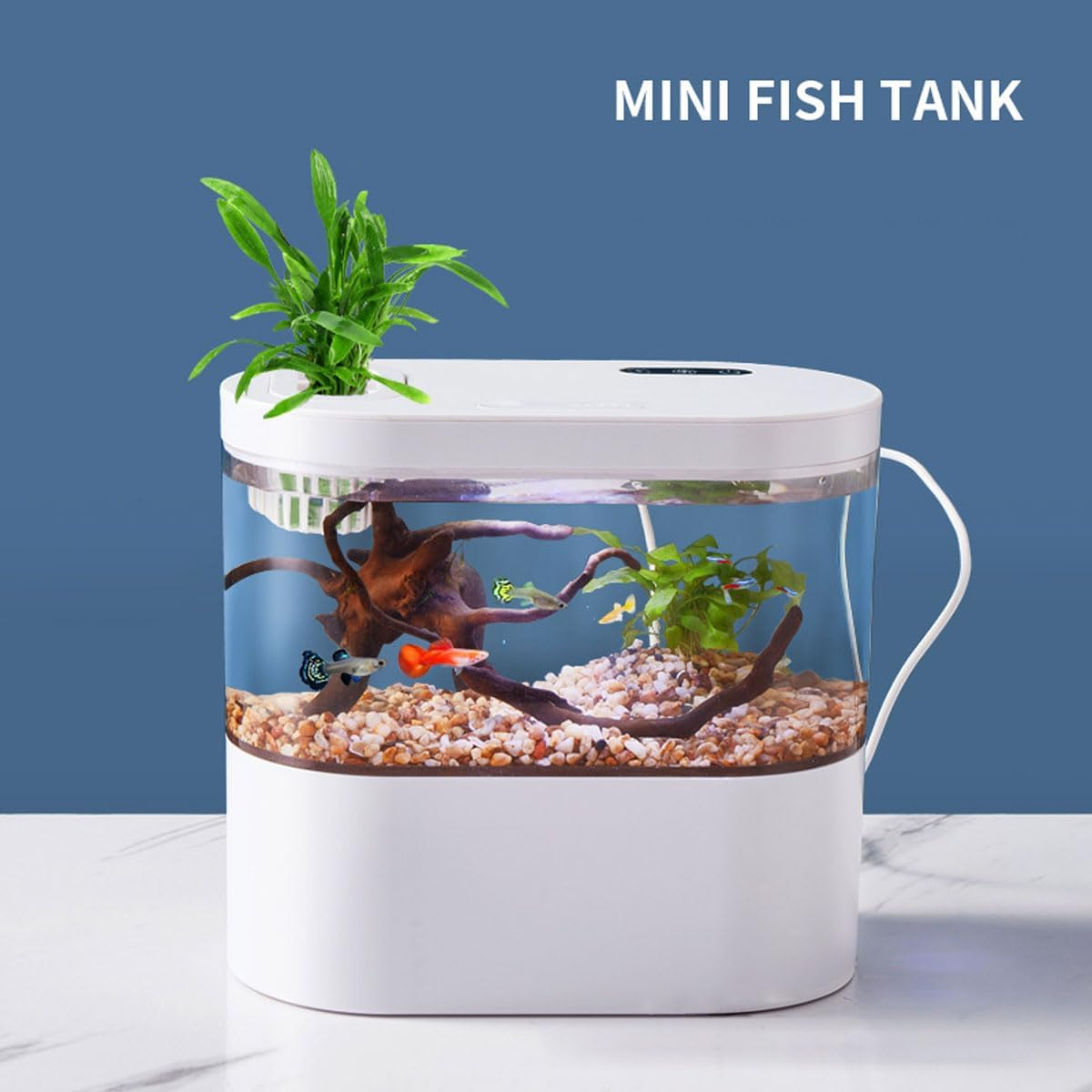 AIMALL Mini Desktop Aquarium with Self-Circulating System, USB Charging, One-Click Water Change, LED Light Control - Ideal for Small Fish, 8.30 X 4.29 X 7.55 Inches - Blue image number 5