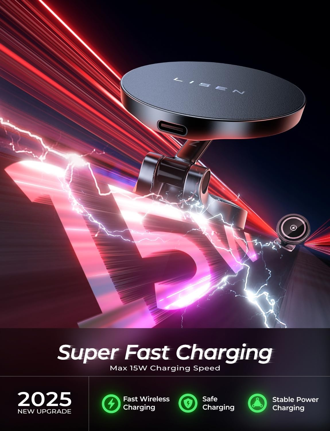 LISEN for Magsafe Car Mount Charger, 15W Fast Charging Magnetic Wireless Car Charger [Mini & Metal], 2025 Ultra Magnetic Car Phone Holder Dashboard for Iphone 17 16E Pro Max 15 14 13 Strong Magnets image number 1