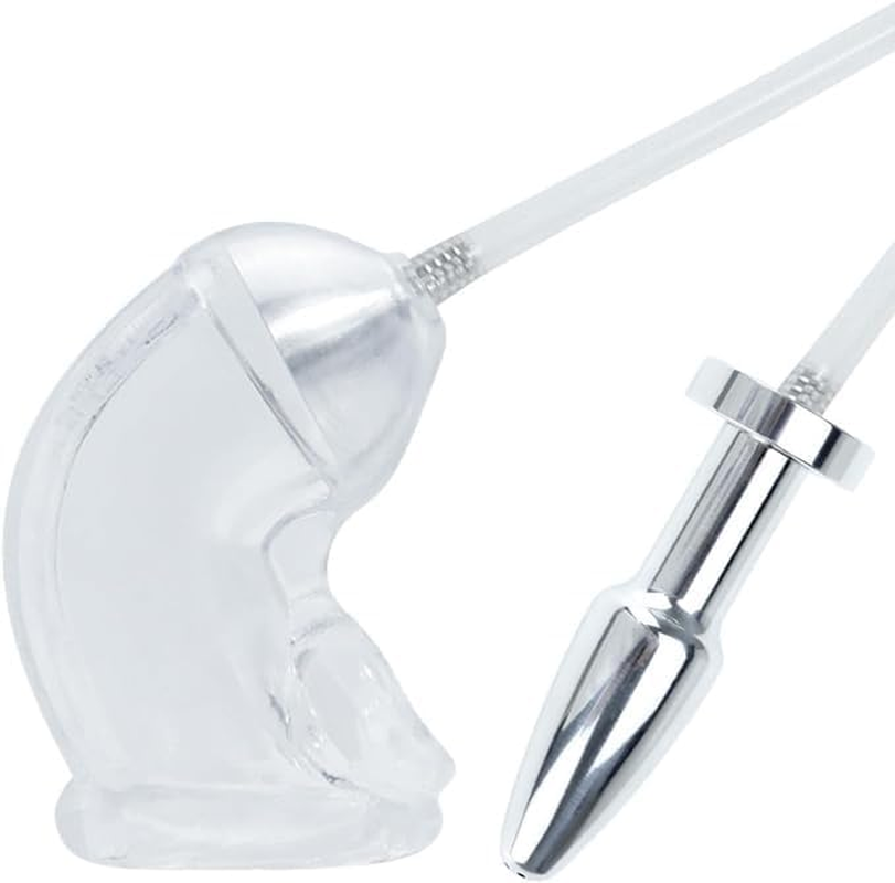 Chastity Device Anal Plug and Silicone Chastity Cage, Latex Penis Sheath Flow into the Anal Catheters Cage Metal Small Male Adult for Men Sex Toys