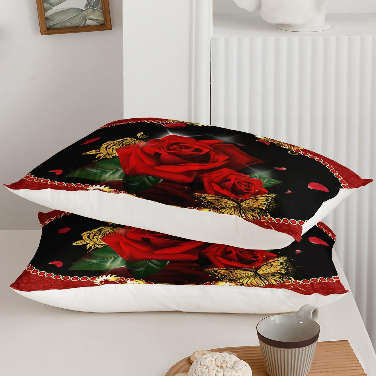 AILONEN Red Rose Duvet Cover King Size, 3D Oil Red Rose Bedding Set for Girls,Romantic Flower Comforter Cover,1 Quilt Cover 2 Pillowcases 3 Piece,Soft Microfibre image number 6