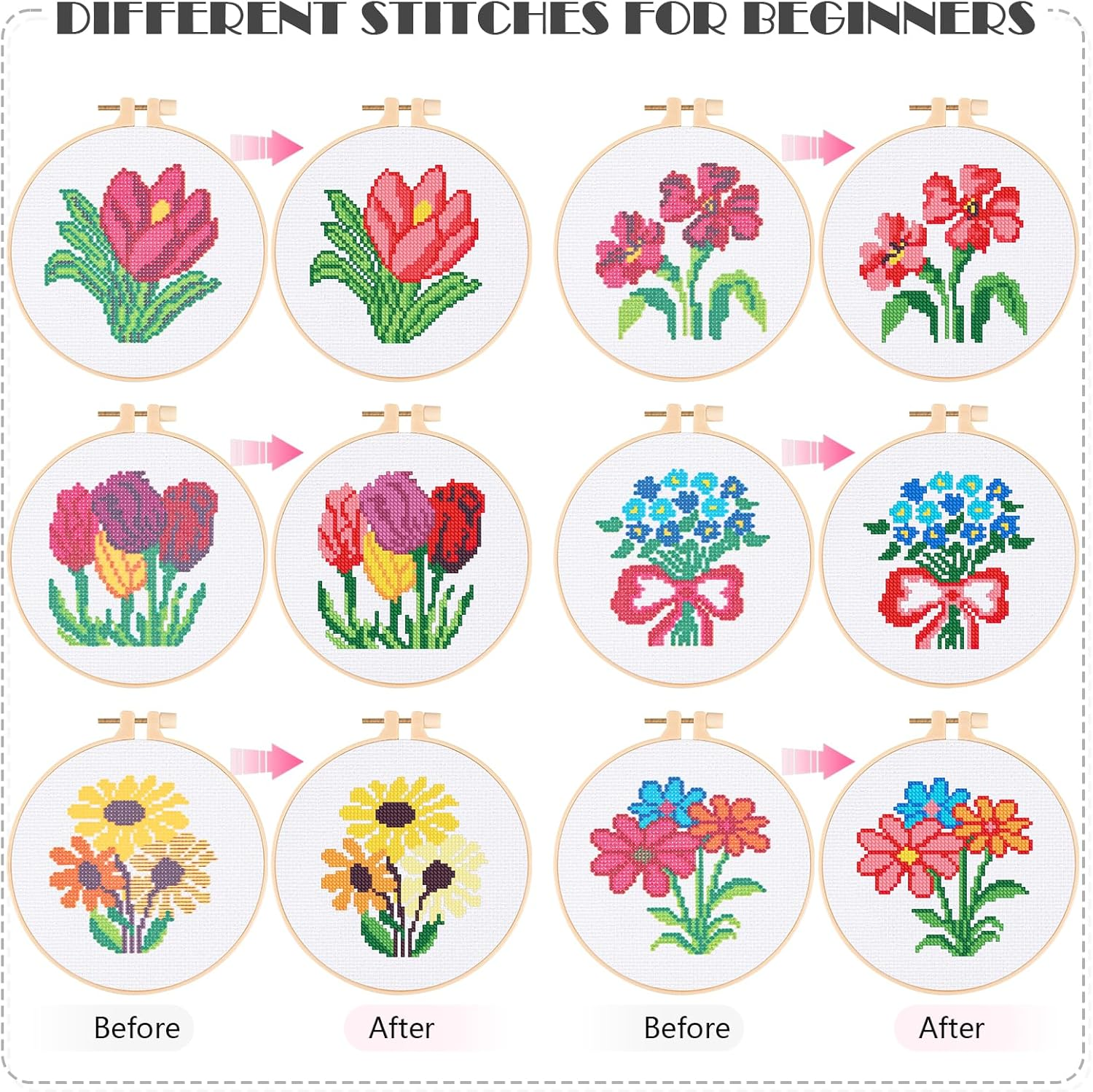 JSRQT 6Pcs Flower Cross Stitch Starter Kit for Beginners, DIY Art Sewing Embroidery Kit for Adults and Kids, Needlepoint Embroidery Kit with 2 Embroidery Hoop for Craft Lovers Embroidery Supplies image number 6