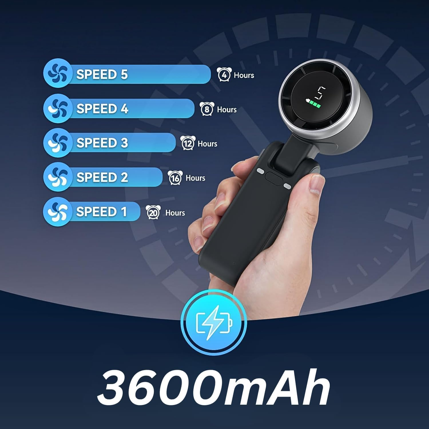 Adando Foldable Handheld Turbo Fan: 5 Gear Wind 5000Mah Rechargeable Battery Operated up to 12 Working Hours for Travelers - 3 in 1 Personal Portable Cooling Fan for Travel Camping (Black) image number 2