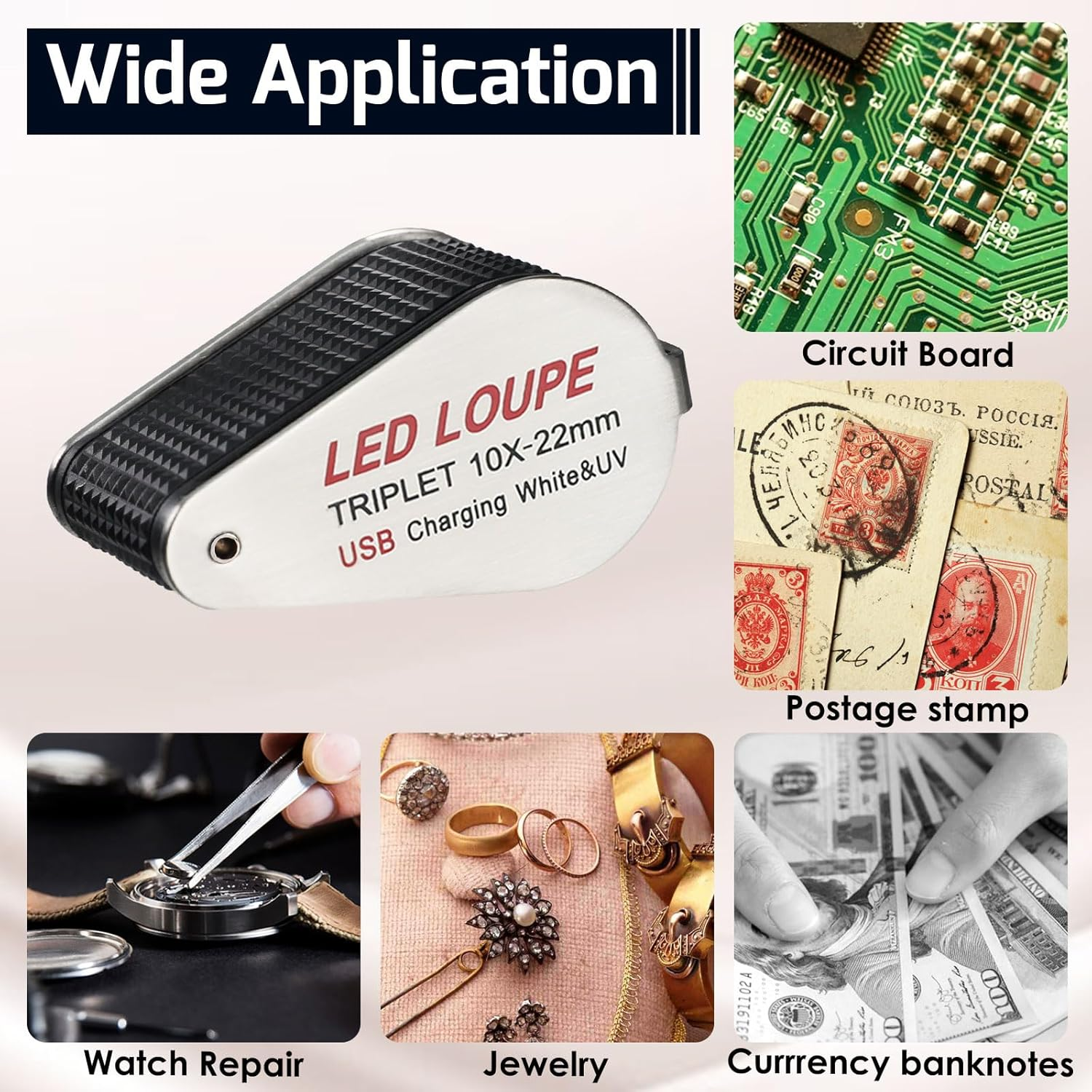 Illuminated Jewelers Loupe Magnifier 10X, Rechargeable Jewellery Magnifying Glass Foldable Jewelry Magnifier LED Loupe Triplet with 6 Leds & UV Light for Gems, Jewelry, Coins, Stamps, Etc image number 4