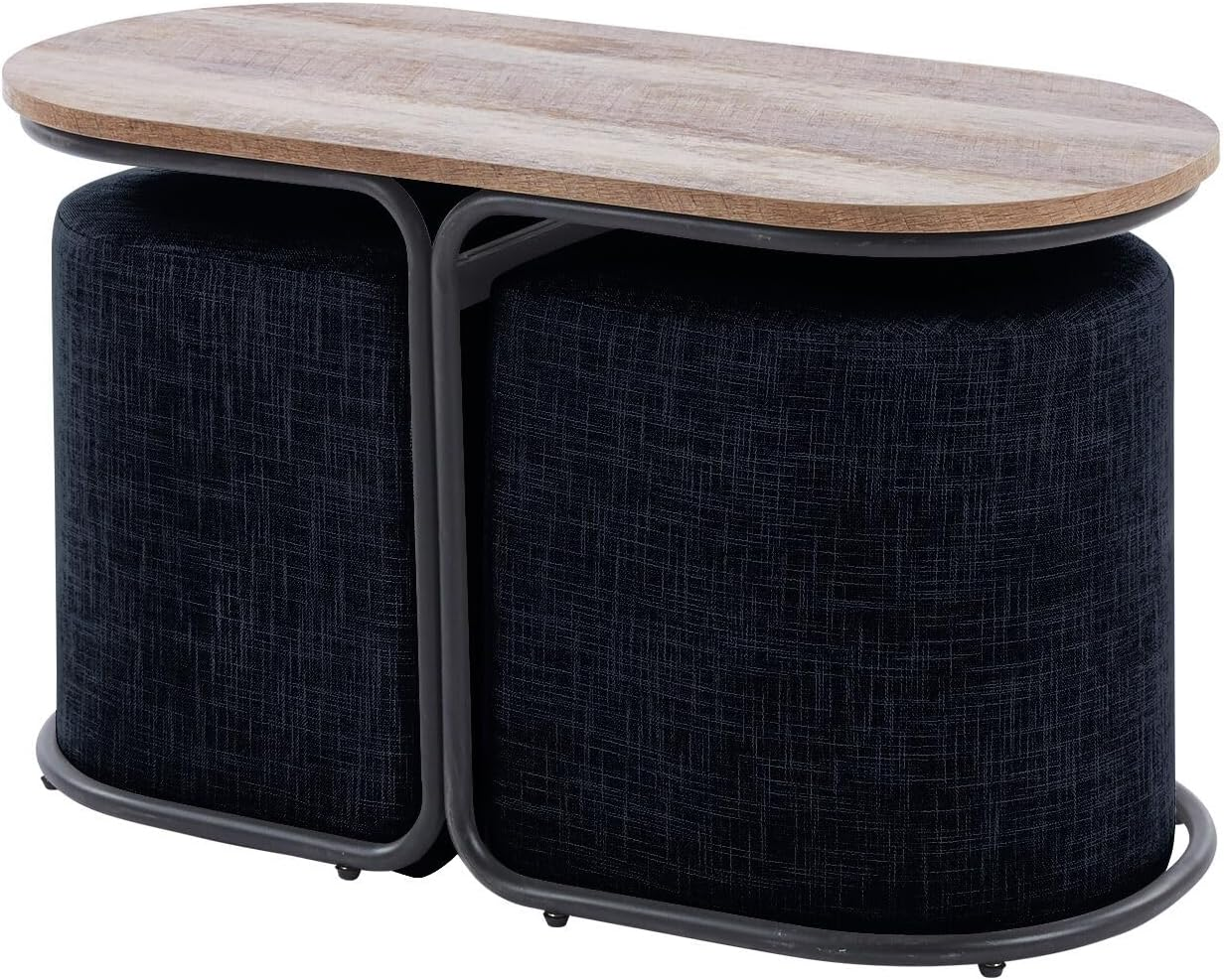 La Bella 3-Piece Coffee Table & Ottoman Set &ndash; Modern Industrial Living Room Furniture with 2 Padded Stools, Linen Upholstery & MDF Wood Tabletop &ndash; Space-Saving Design, Cream