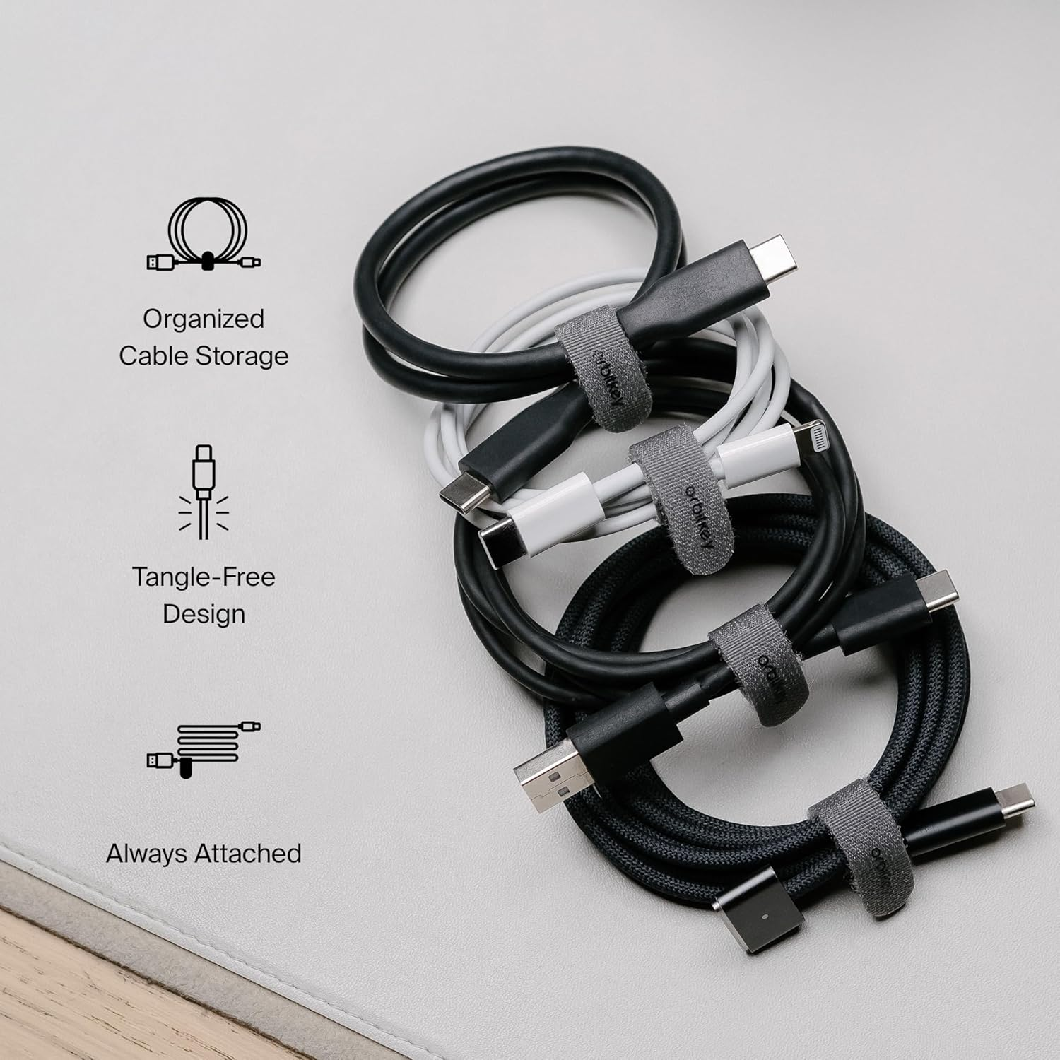 Orbitkey Reusable Cable Ties &ndash; Durable Nylon Hook-And-Loop Cord Organizers for Cable Management, Tangle-Free Storage, and Travel Organization - Pack of 6 - Ash image number 6