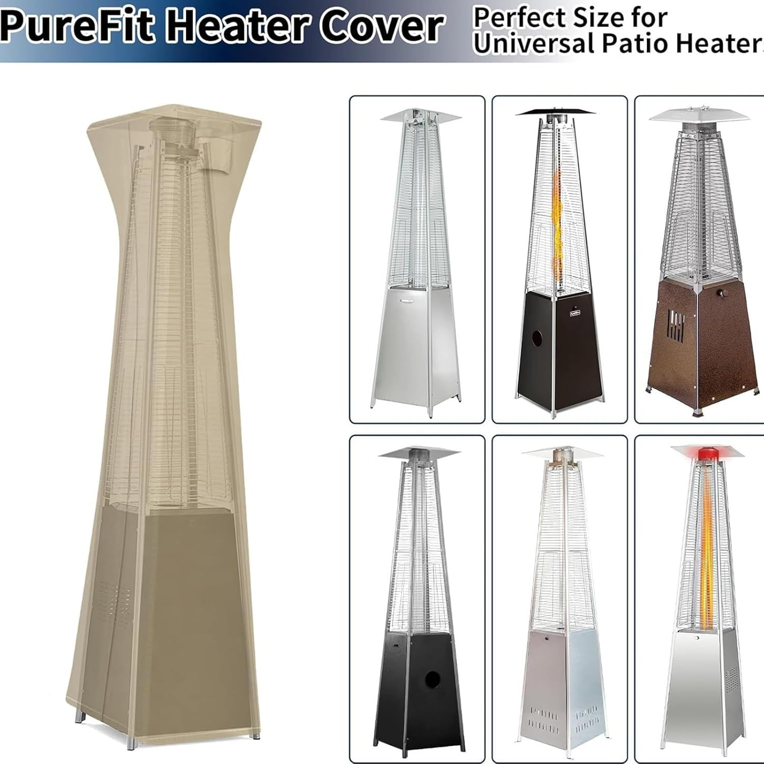Patio Heater Cover | with Zipper Heavy Duty 420D Dust-Proof Protector | Stand up Pyramid Heater Cover,For Lawn Deck Tan Garden Yard - White On Black image number 7