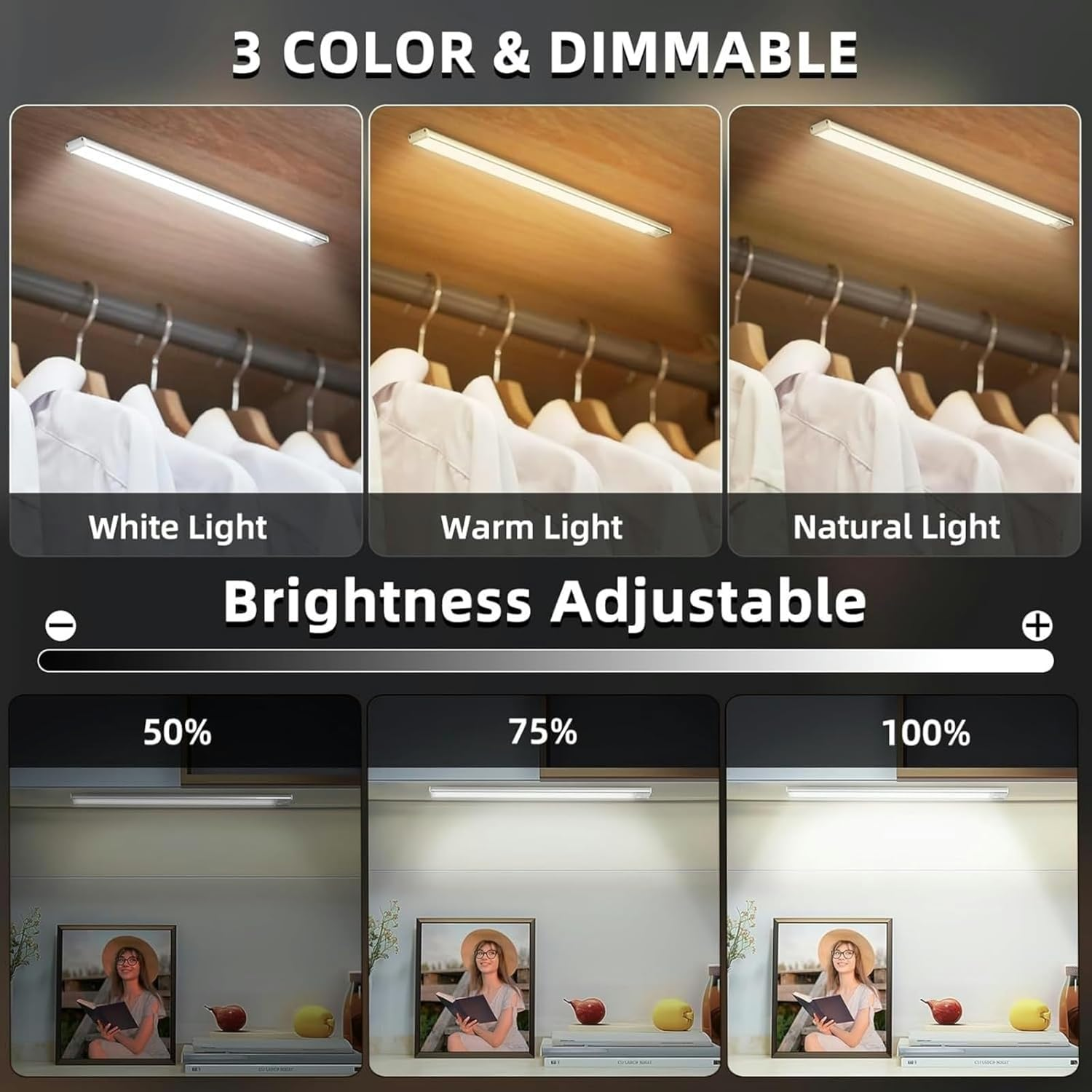 2-Pack 40CM under Cabinet Lighting, Motion Sensor Light Indoor for Closet, Rechargeable Wireless under Counter Lights for Kitchen and Pantry, 3 Colors Led Undercabinet Lights, Magnetic Installation image number 1