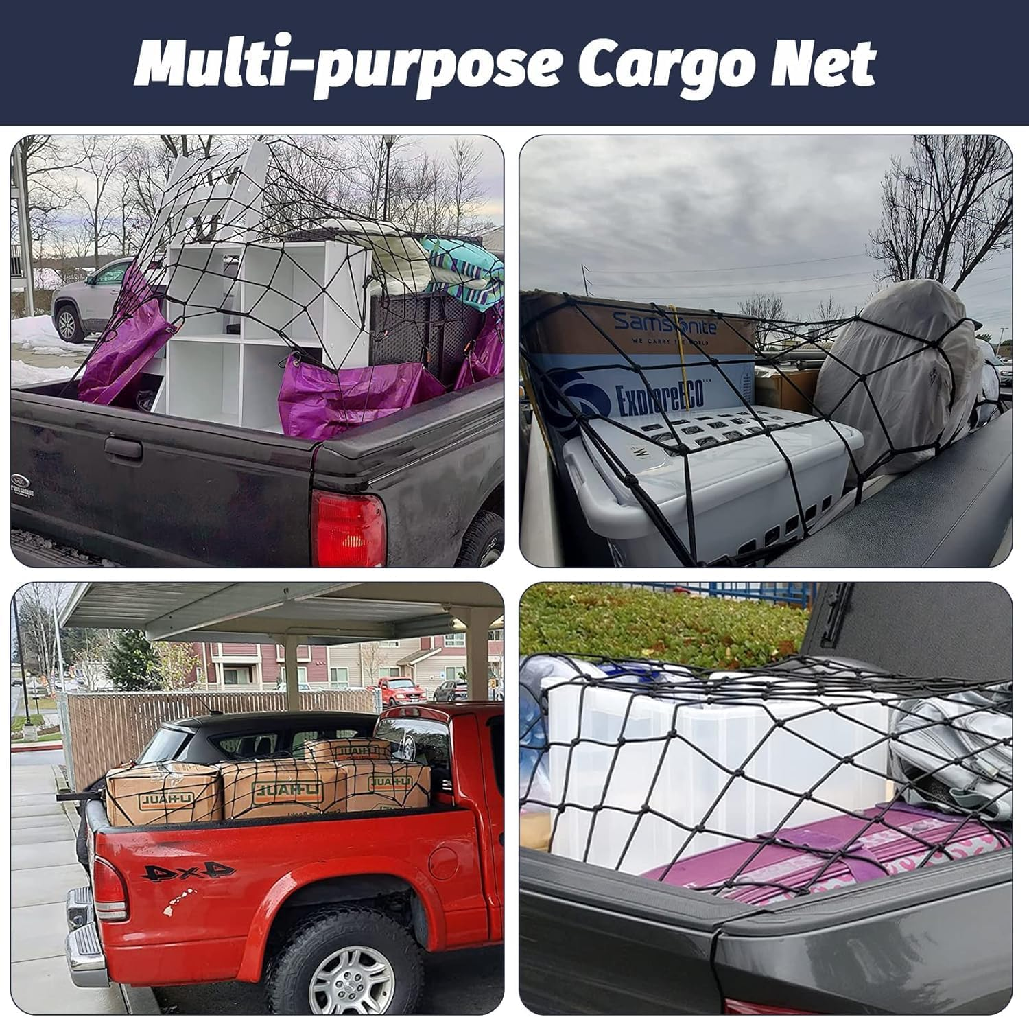 Ronluuu Cargo Net for Pickup 120Cmx180Cm Stretches to 240Cmx360Cm Pickup Cargo Net 12 Tangle-Free Clip Carabiners, Suitable Fortrailer,Ford Pickup,Chevrolet Pickup,Dodge Pickup Equal