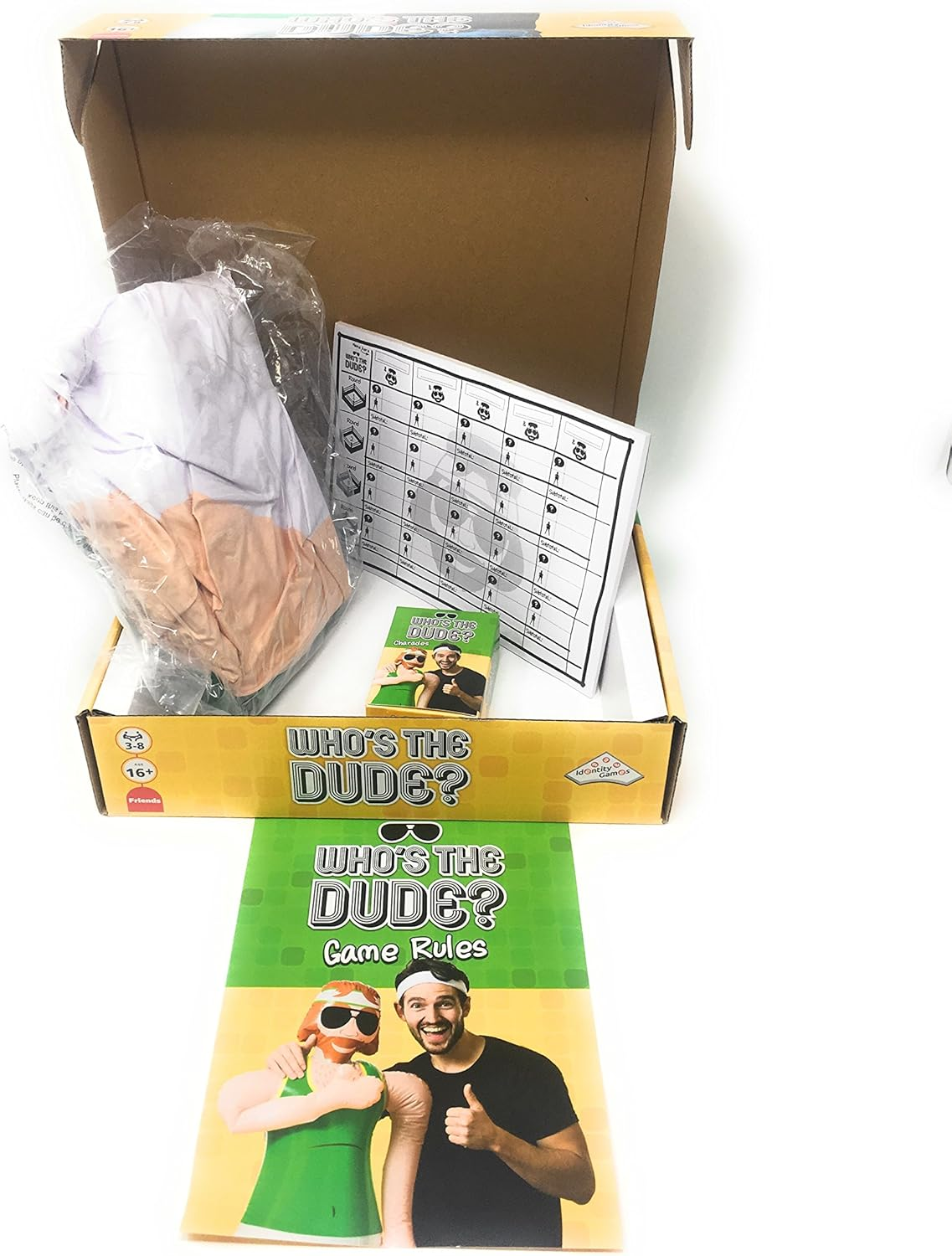 Identity Games Who'S the Dude Charades Game - Use the Life Size Inflatable Dude to Act Out up to 440 Hilarious Scenarios - Ages 16+,Green, Yellow