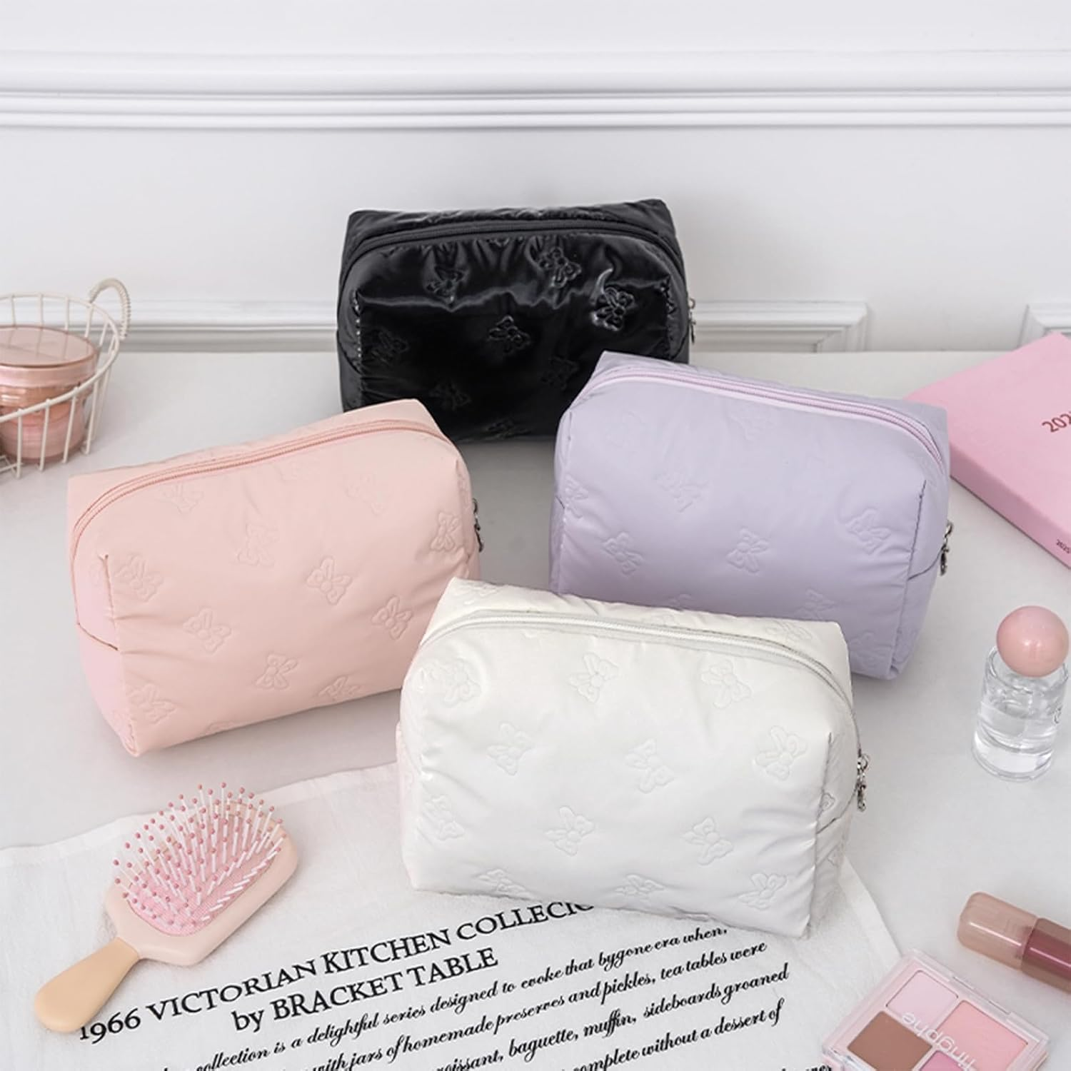 Makeup Bag，3 PCS Cosmetic Bags Set，Large Capacity Quilted Makeup Bag for Women with Bow Butterfly Pattern，Cute Cotton Makeup Bag Set，Waterproof Travel Toiletry Organizer Bag (Black) - Purple image number 3