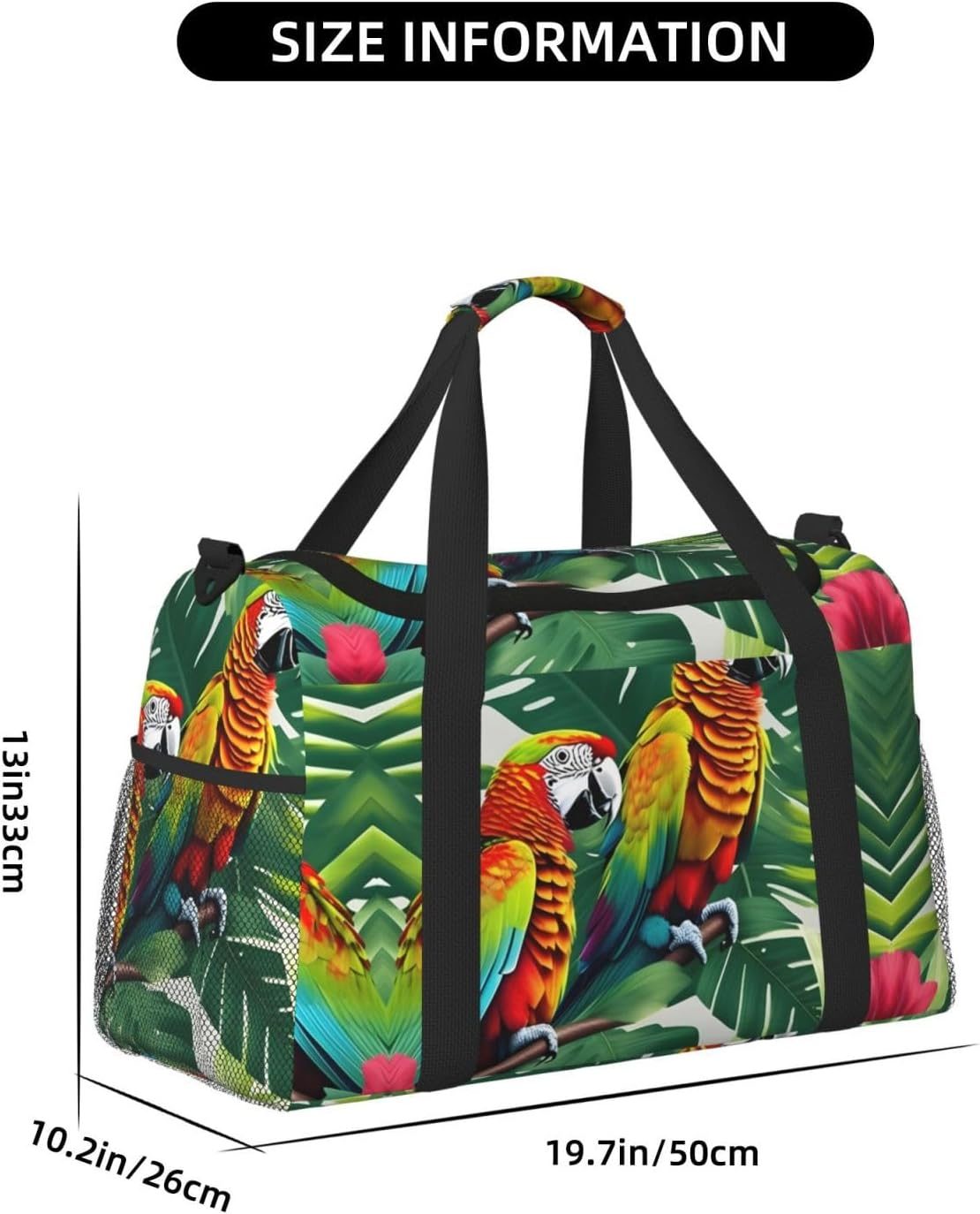 Tropical Flower Leaf Parrot Print Weekender Overnight Carry on Bag Duffel Bag for Travel Women Men Gym Luggage Bag Carry On, Black, One Size image number 5