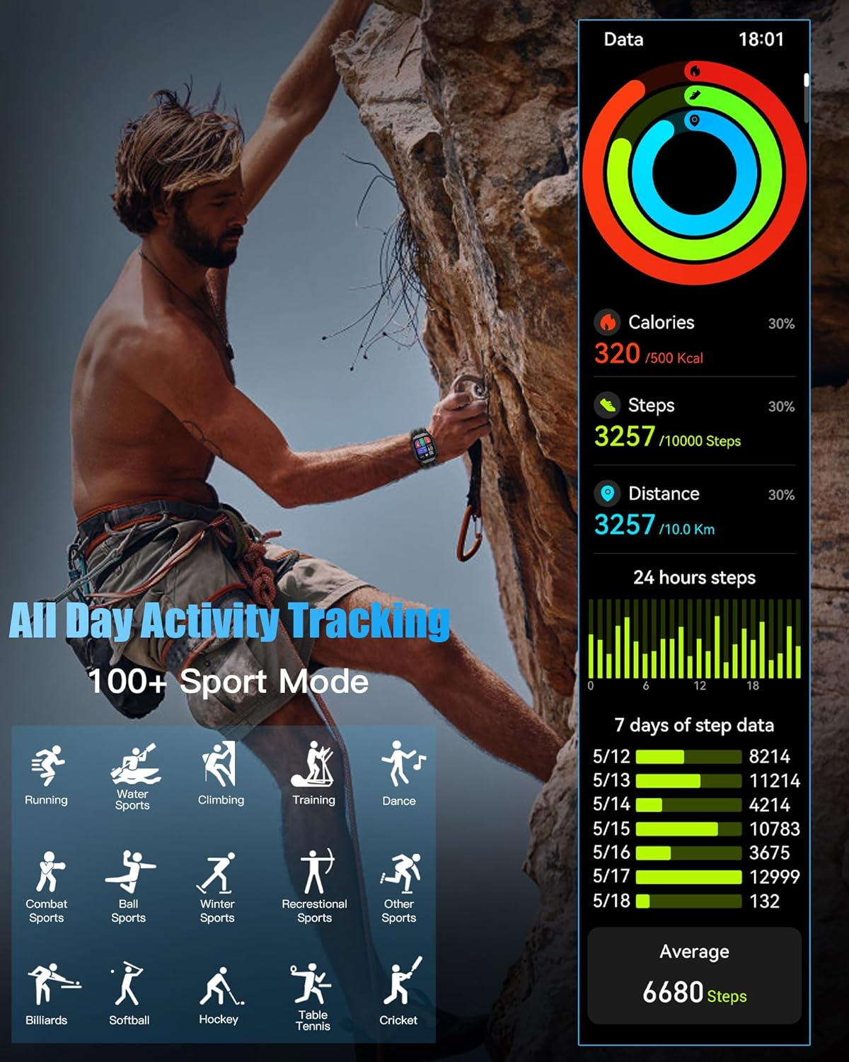 Rugged Smart Watch, 1.96-Inch AMOLED HD Display, Waterproof Fitness Step Count with Bluetooth Calling, 100+ Sport Modes, Blood Oxygen & Heart Rate Monitoring, Extended Battery Life for Android/Ios