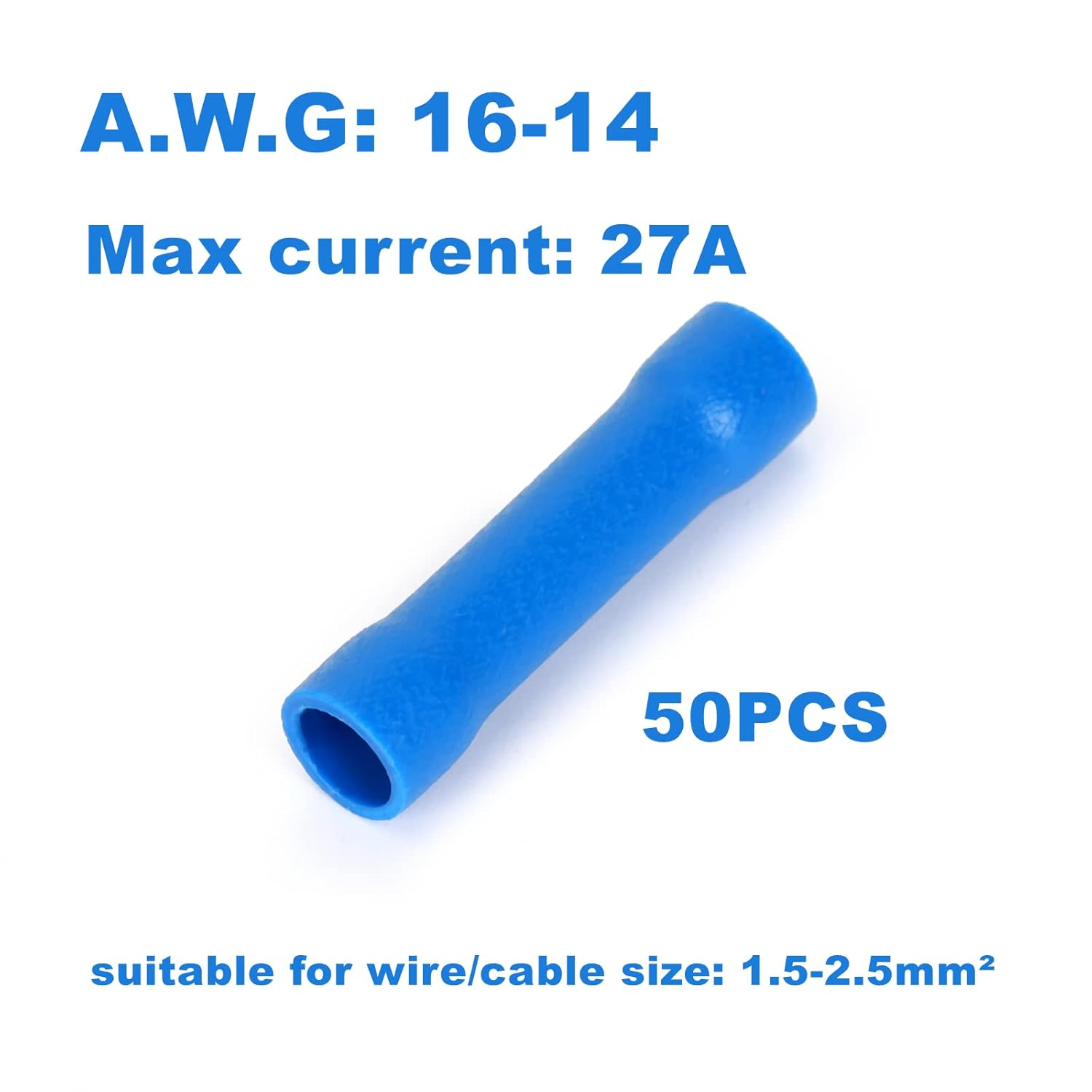 50Pcs Blue 27A AWG 16-14 Crimp Copper Tube Butt Connector, Insulated PVC Terminals for Wire Cable, Car, Family,Electrical (Blue) image number 1