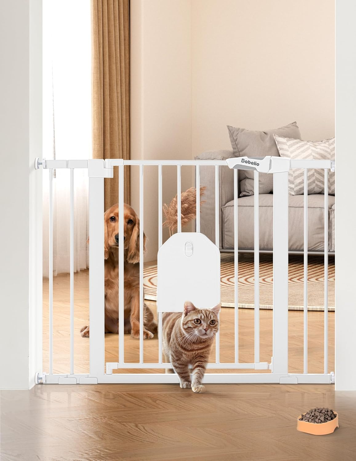 Babelio Upgraded Baby Gate with Cat Door, 73.7-109 CM Auto Close Durable Dog Gate for Stairs, Doorways and House, Easy Walk Thru Safety Gate with Pet Door Includes 4 Wall Cups, White
