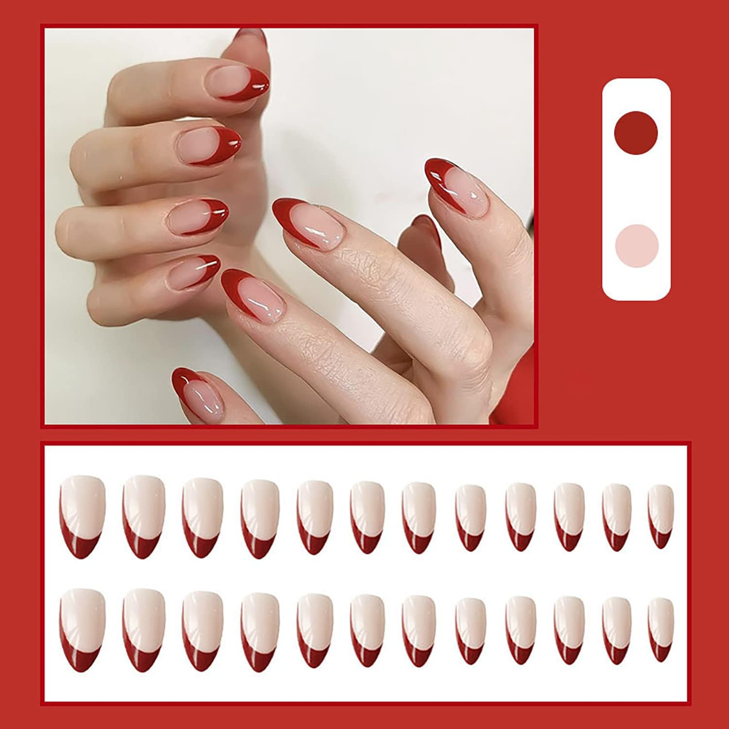 RIICFDD French Tip Press on Nails Medium Almond Fake Nails Red Oblique Tip Nude Pink Glossy Acrylic False Nails Kit for Women Girls Artificial Nails 24 Pcs - Mo-8 image number 6
