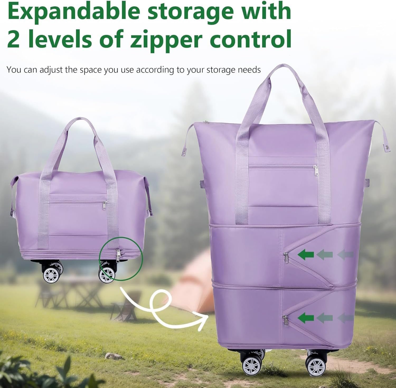 JIUSEGE Expandable Duffle Bag with Wheels &ndash; Folding Weekender Travel Tote Carry-On with Large Storage Space, Luggage Bag for Business Trips, Camping & Fitness (Light Purple) image number 5