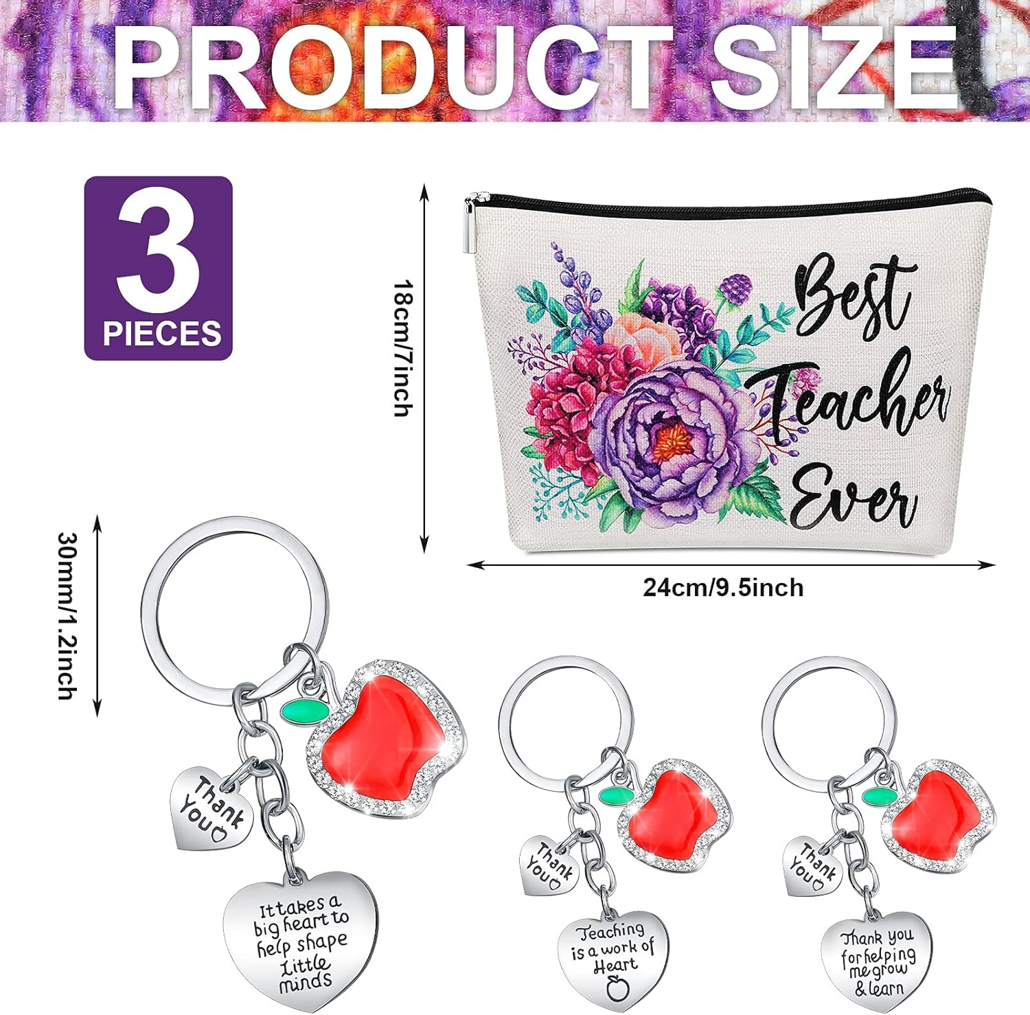 DDPOND 6 Pack Teacher Appreciation Gifts for Women Bulk Christmas Teacher Gifts 3 Pcs Zipper Cosmetic Bags Canvas Makeup Pouch 3 Pcs Thank You Keychains Xmas Birthday Present(Book Style) - Book Style image number 3