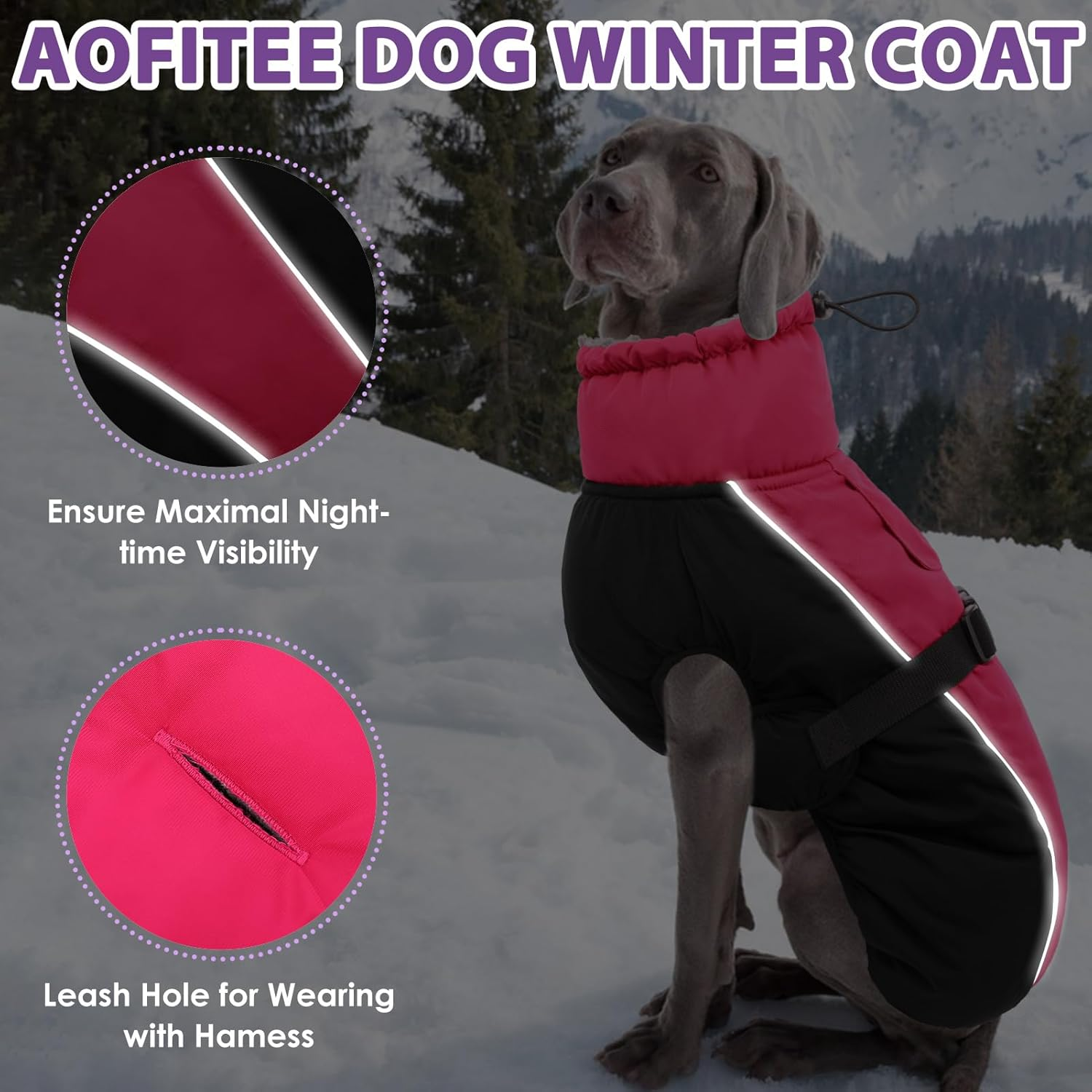 AOFITEE Warm Dog Coat, Turtleneck Lined Dog Winter Coat with Lead Hole Adjustable Dog Jacket, Waterproof Dog Snow Jacket for Cold Weather Dog Coats for Small Medium Large Dogs image number 2