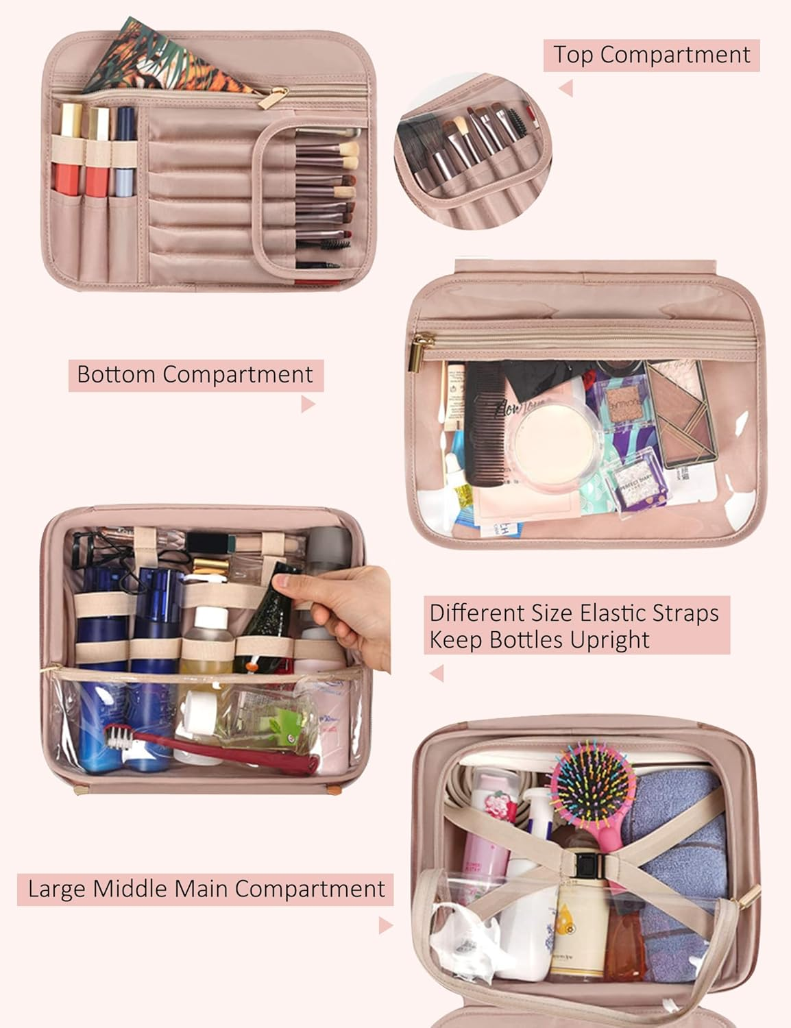 Travel Toiletry Bag,Hanging Leather Large Capacity Travel Wash Bag,Waterproof Portable Make up Bag,Travel Storage Skin Care Cosmetics Toiletries (Pink) - Black image number 4