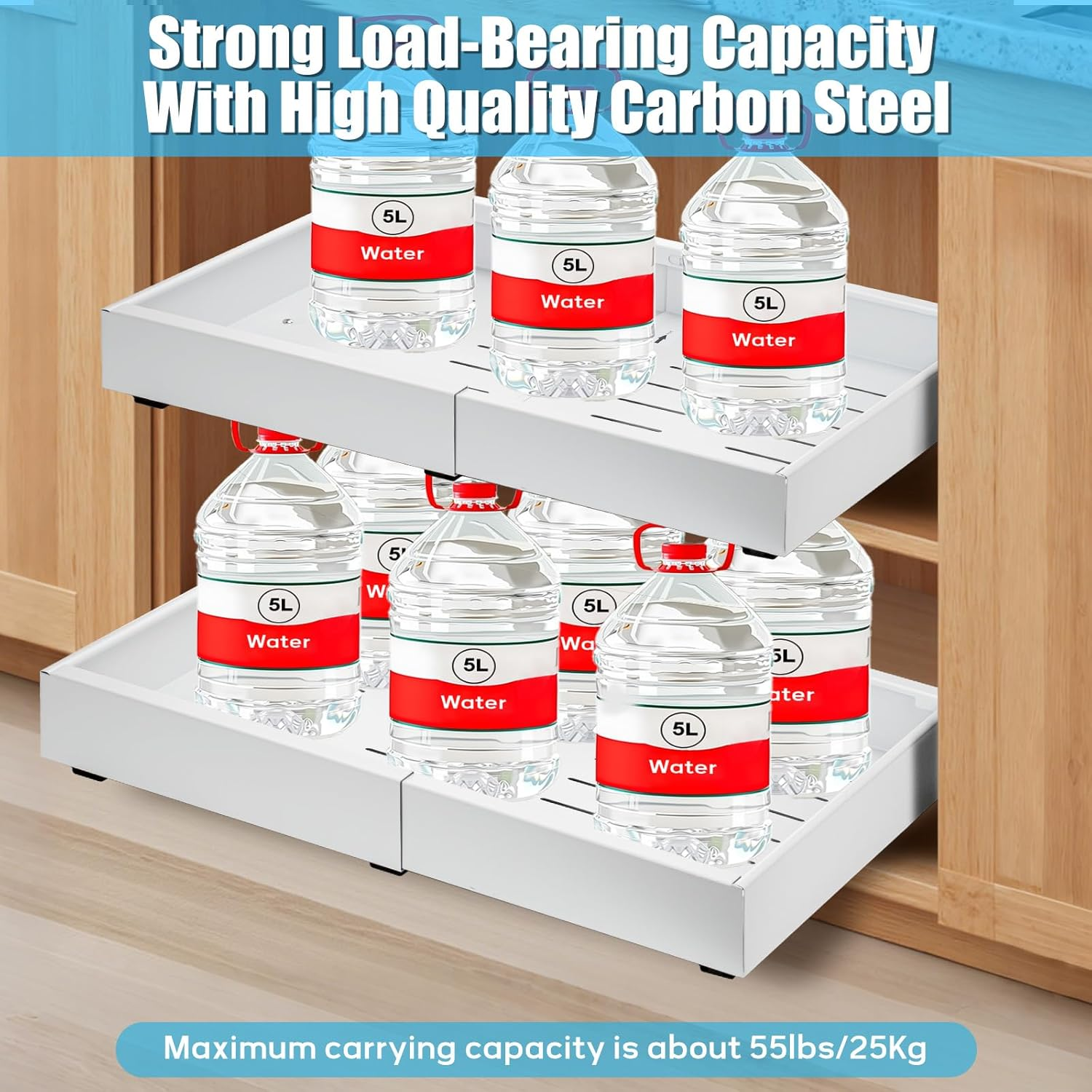 2 Pack Pull Out Drawers for Cabinets - Adjustable Expandable Organizer with Adhesive Film Fixing Screw, Slide Out Drawers Shelves Width 31-52Cm, Ideal for Pantry Storage Kitchen Organisation Bathroom image number 4