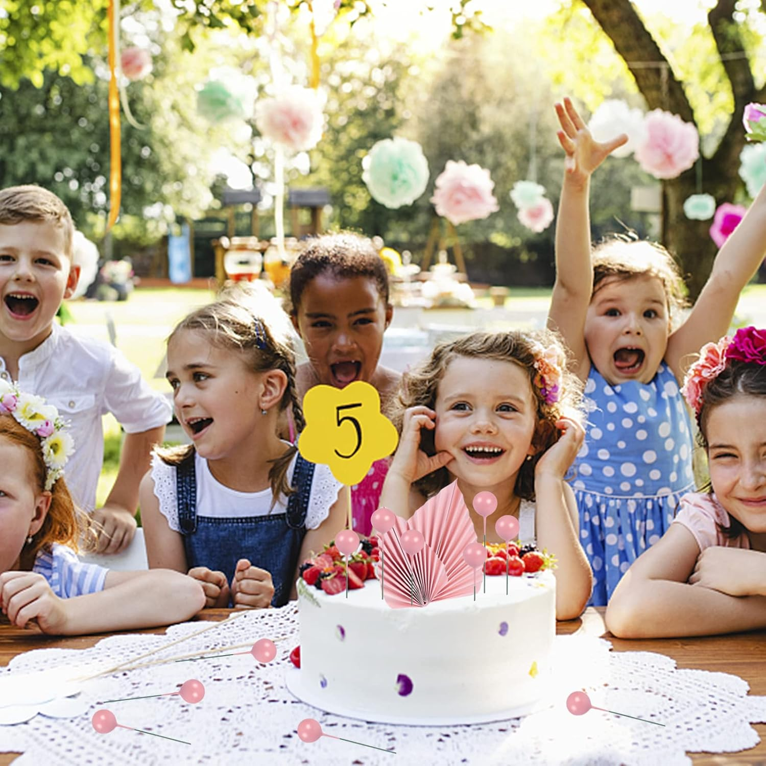 14 Pcs Pink Paper Cake Decorations Include 4 Pink Leaf Cake Topper DIY and 10 round Ball Cake Insert Decoration Birthday Cake Ornament image number 3