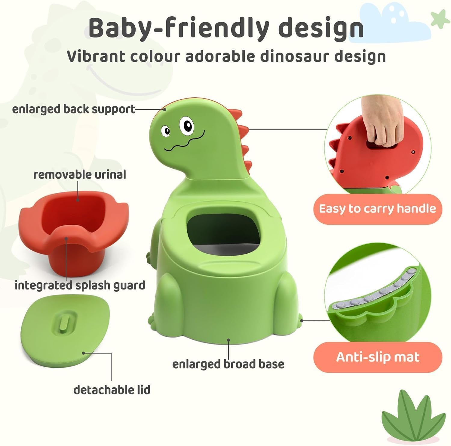 LEFAFA Travel Potty Toilet for Toddler, Dinosaur Design Potty Training Toilet Seat, Portable Toilet with Lid and Non-Slip Rubber Mat Backrest for Boys Girls Kids Toddler Children (Green) - Blue image number 2