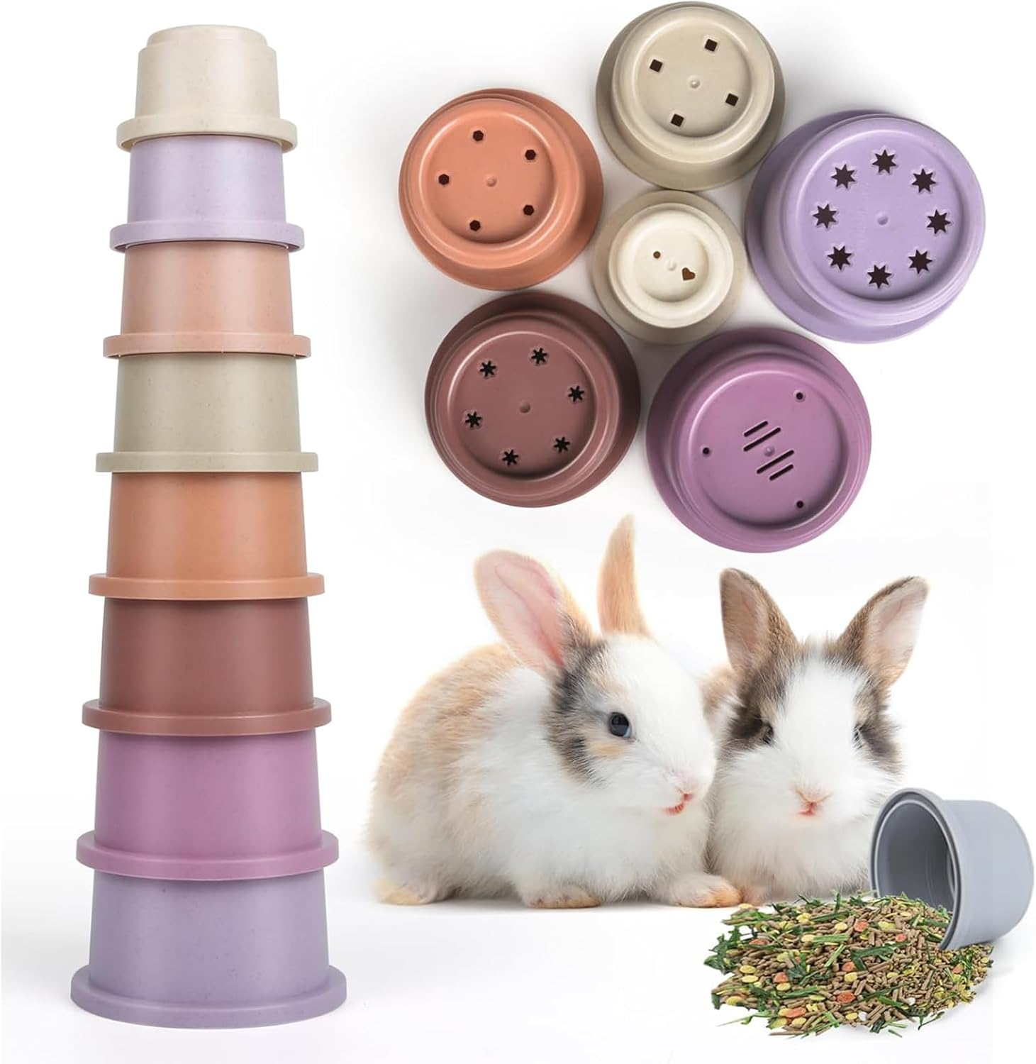 Yeanifeana 8 Pcs Stacking Cups for Rabbits, Reusable Plastic Bunny Toys with Treat Holes, Multi-Colored Nesting Cups for Small Animals Food Hiding & Interactive Play image number 2