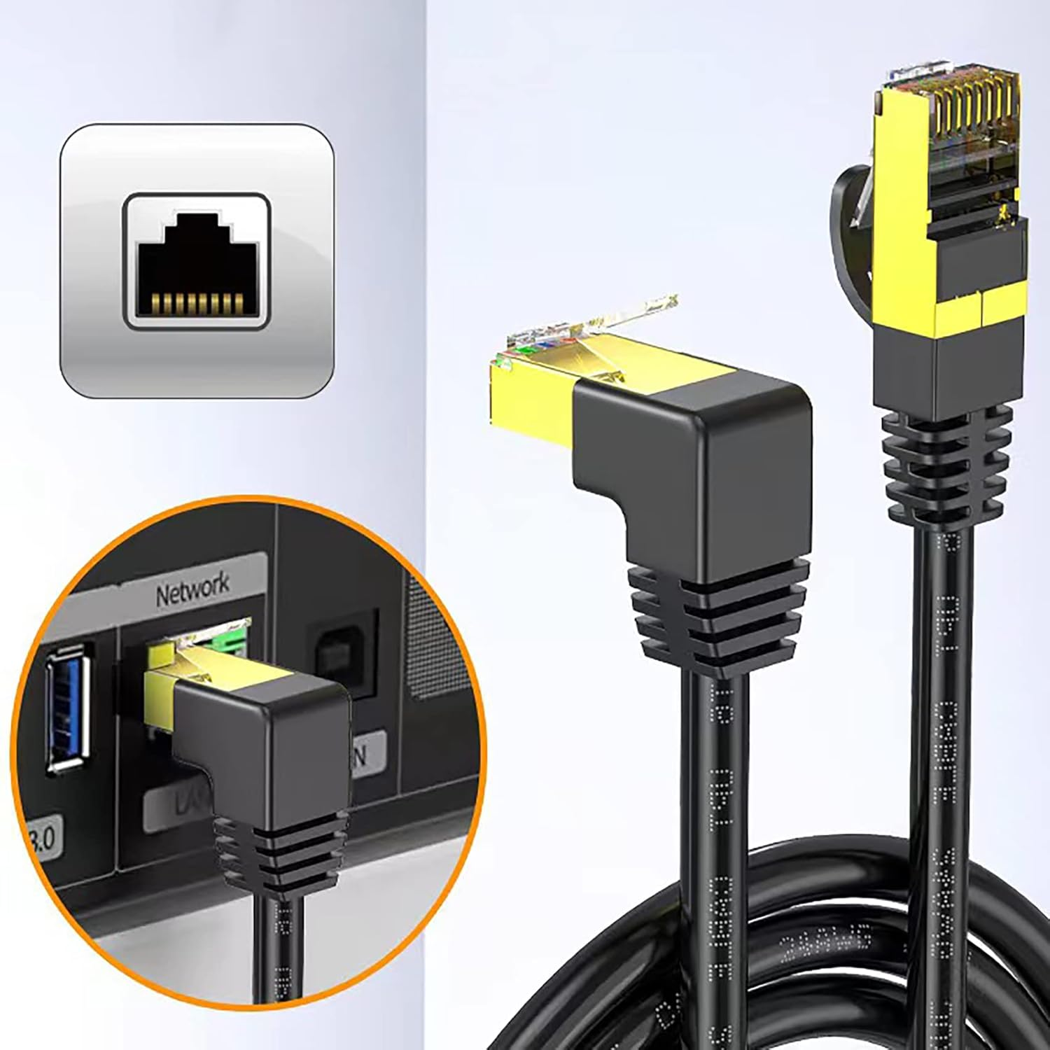 Right Angle Cat 8 Ethernet Cable, Faster than Cat7 /Cat6 Cables, Tunghey High Speed 26AWG Internet Cord, Shielded Direct Burial RJ45 Network Cable,Weatherproof&Uv Resistant (Down 2M) image number 3