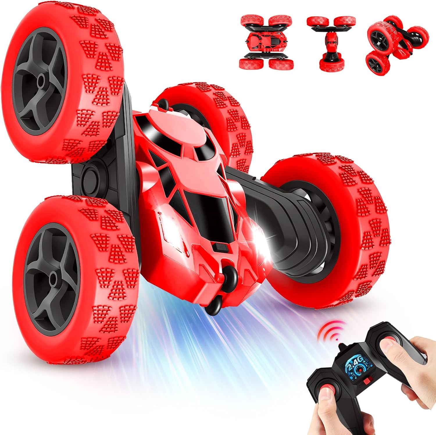 Remote Control Car for Kids Ages 6+, RC Cars Stunt Car Toy 4WD Double Sided 360&deg; Rotating， 2.4Ghz Remote Control with Headlights, Drift RC Race Car Birthday Gifts for Boys 6 7 8 9 10 11 12 (Red)