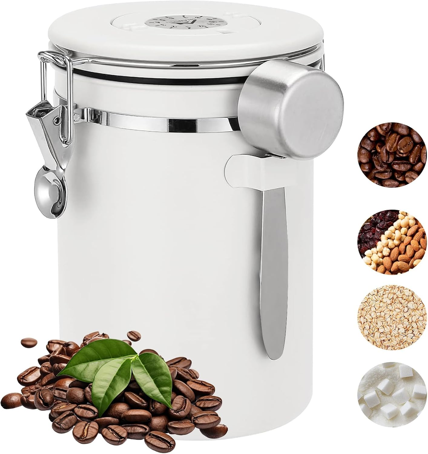 Airtight Coffee Canister with Scoop - Stainless Steel Coffee Grounds Container, Coffee Jar with Date Tracker and CO2 Valve, Coffee Bean Storage for Kitchen Counter or Coffee Bar (Black, 1.8L)