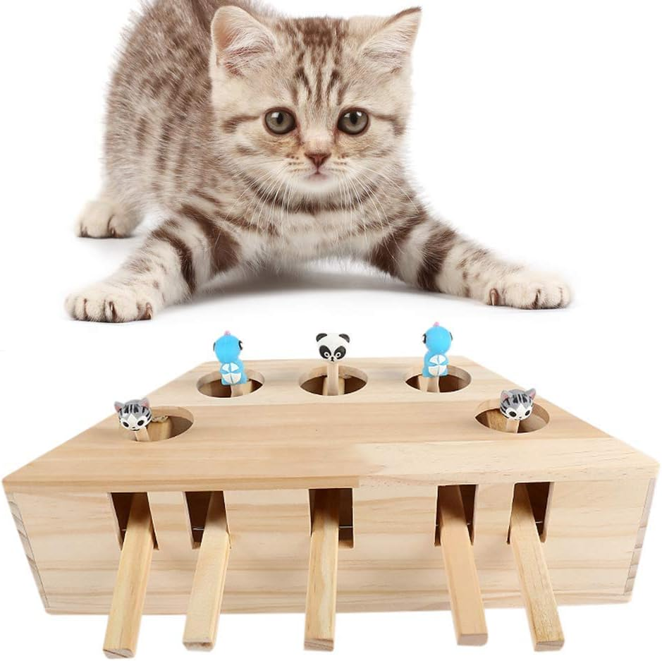 Cat Toys Interactive Mouse Whack a Mole Mouse Solid Wooden Puzzle Box Cat Exercise Toy with Cute Cartoon Toys for Cat Kitten Hunting Playing Scratching Bite (5 Holes) image number 1