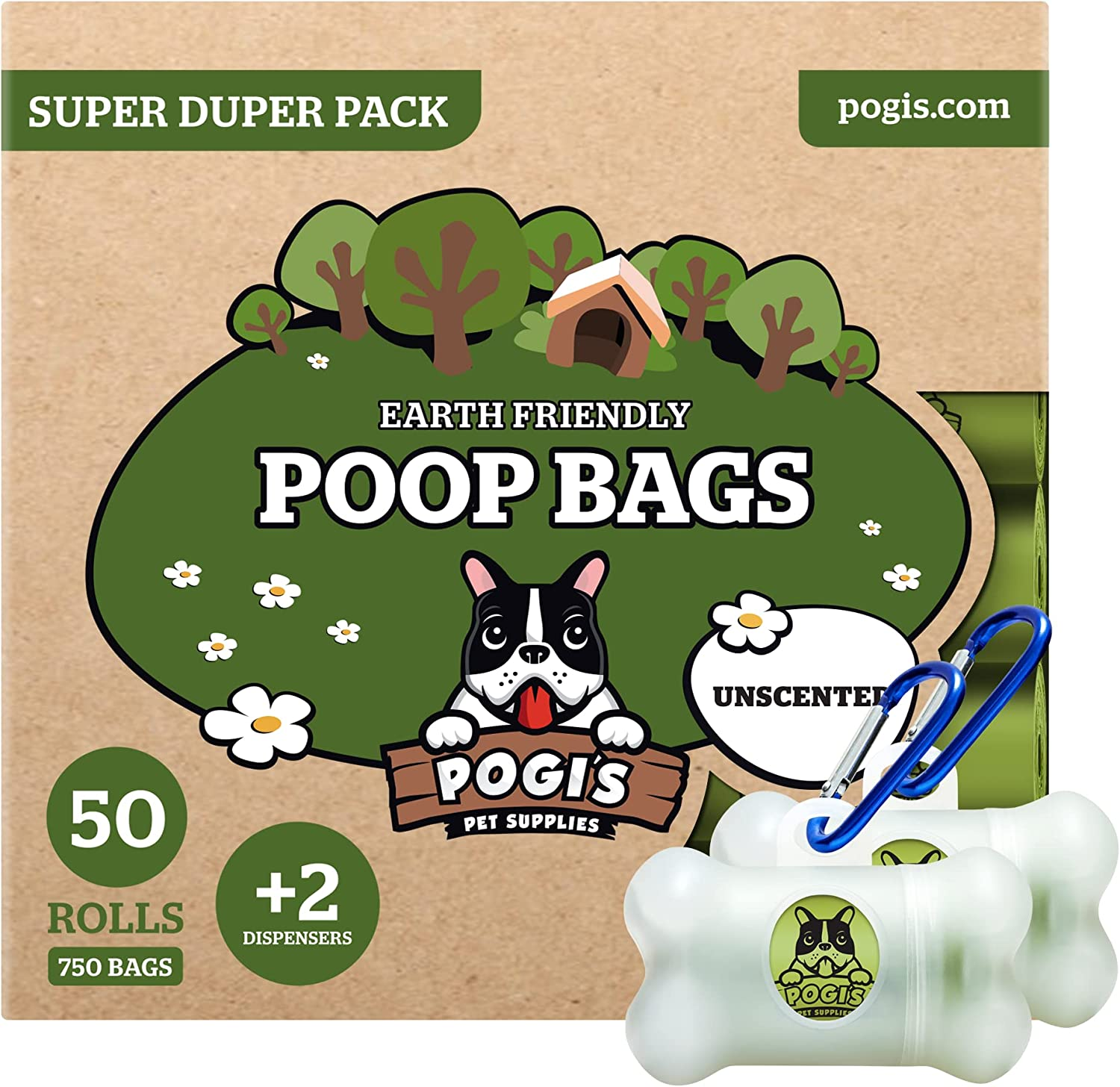 Pogi&rsquo;S Dog Poo Bags &ndash; 750 Unscented Bags (50 Rolls) with 2 Dispensers &ndash; Biodegradable, Leak-Proof, Extra Strong