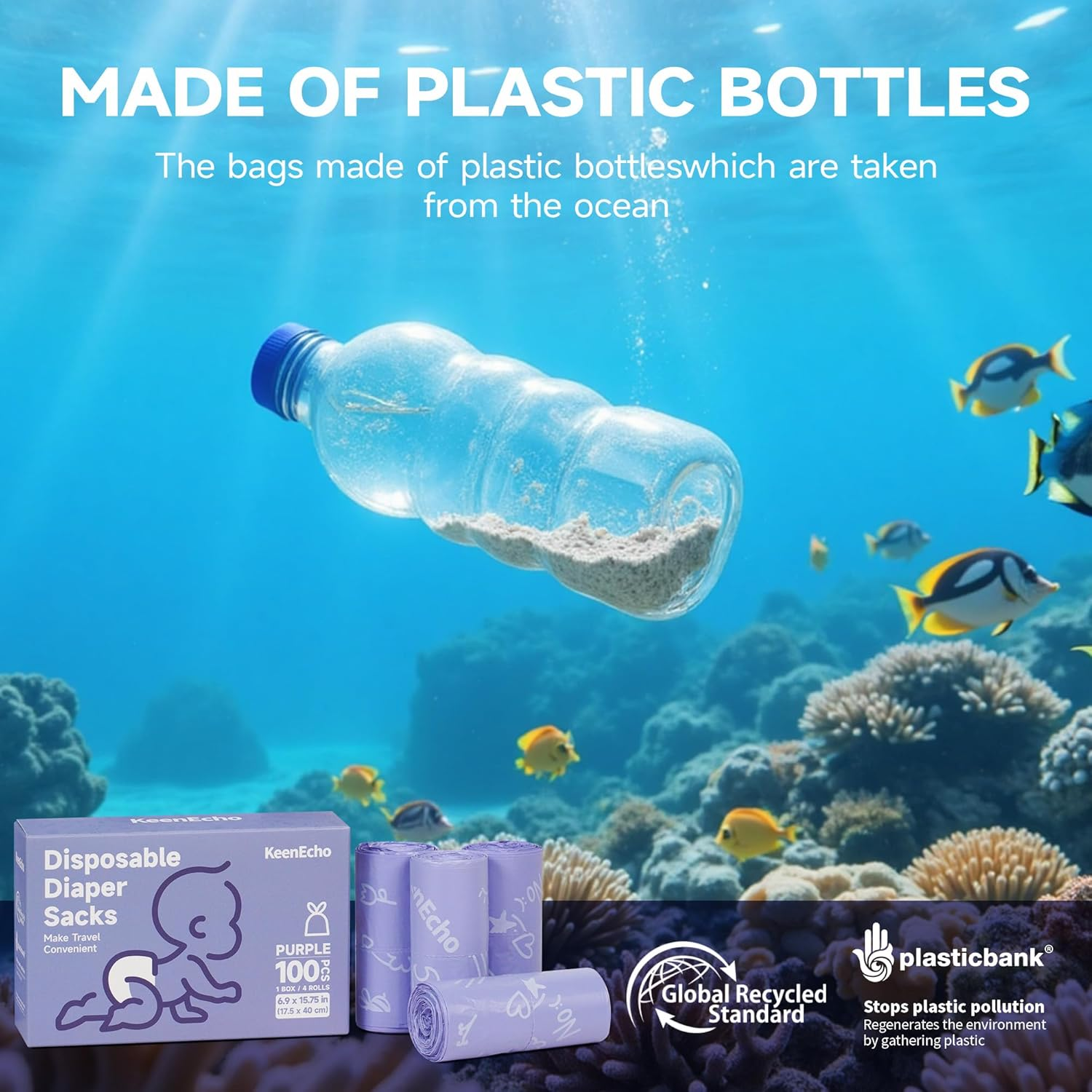 Disposable Nappy Bags with Handles 100 Count (4 Rolls), Leak-Proof Odor Lock Unscented Nappy Sacks on the Go, Ocean Recycled Plastic image number 6