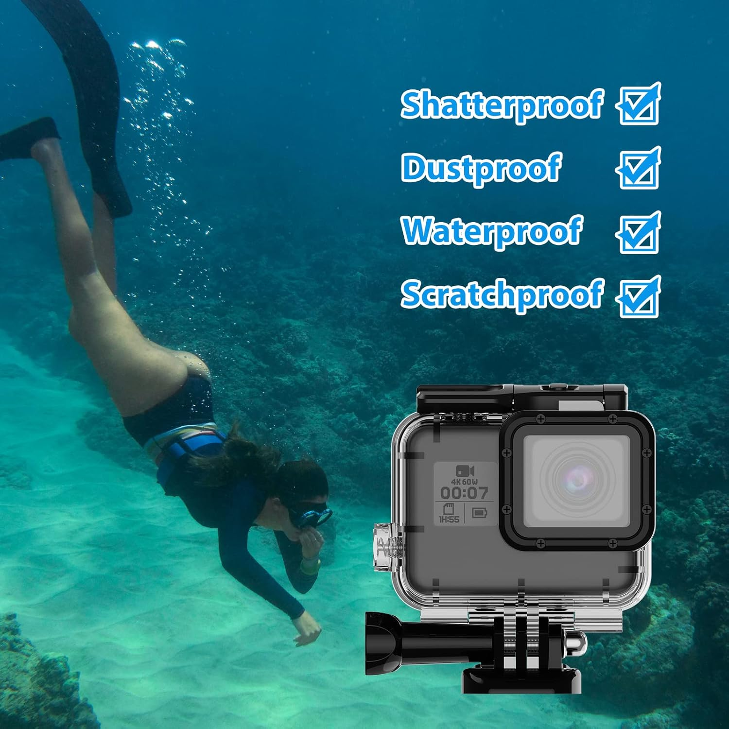 Waterproof Housing Case, Hongdak Waterproof Case for Gopro Hero 7/6/5 Black(2018) Housing Case Diving Protective Housing Shell 169FT/60M for Gopro Action Camera Underwater Dive Case Shell with Bracket image number 4