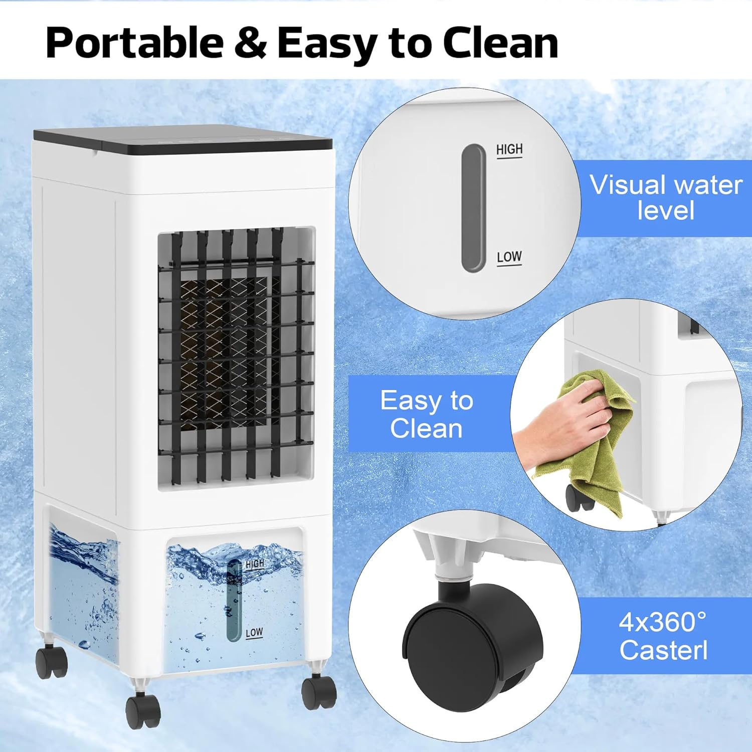 Advwin Evaporative Air Cooler, 3 in 1 Portable Air Cooler Fan with 8L Water Tank, 4 Ice Crystal Box, 3 Speed for Bedroom Home Office image number 2