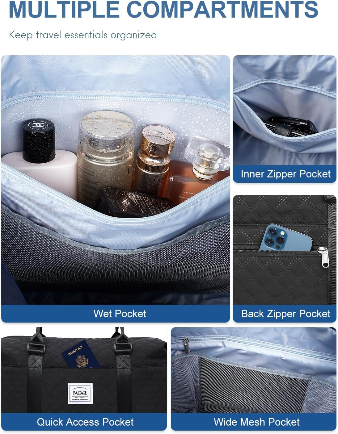 BAGAIL Travel Duffel Bag, Weekender Bags for Women, Overnight Gym Carry on Tote Bag with Wet Pocket, Hospital Mom Bag for Labor and Delivery - Extra Large, Grid-Black image number 5